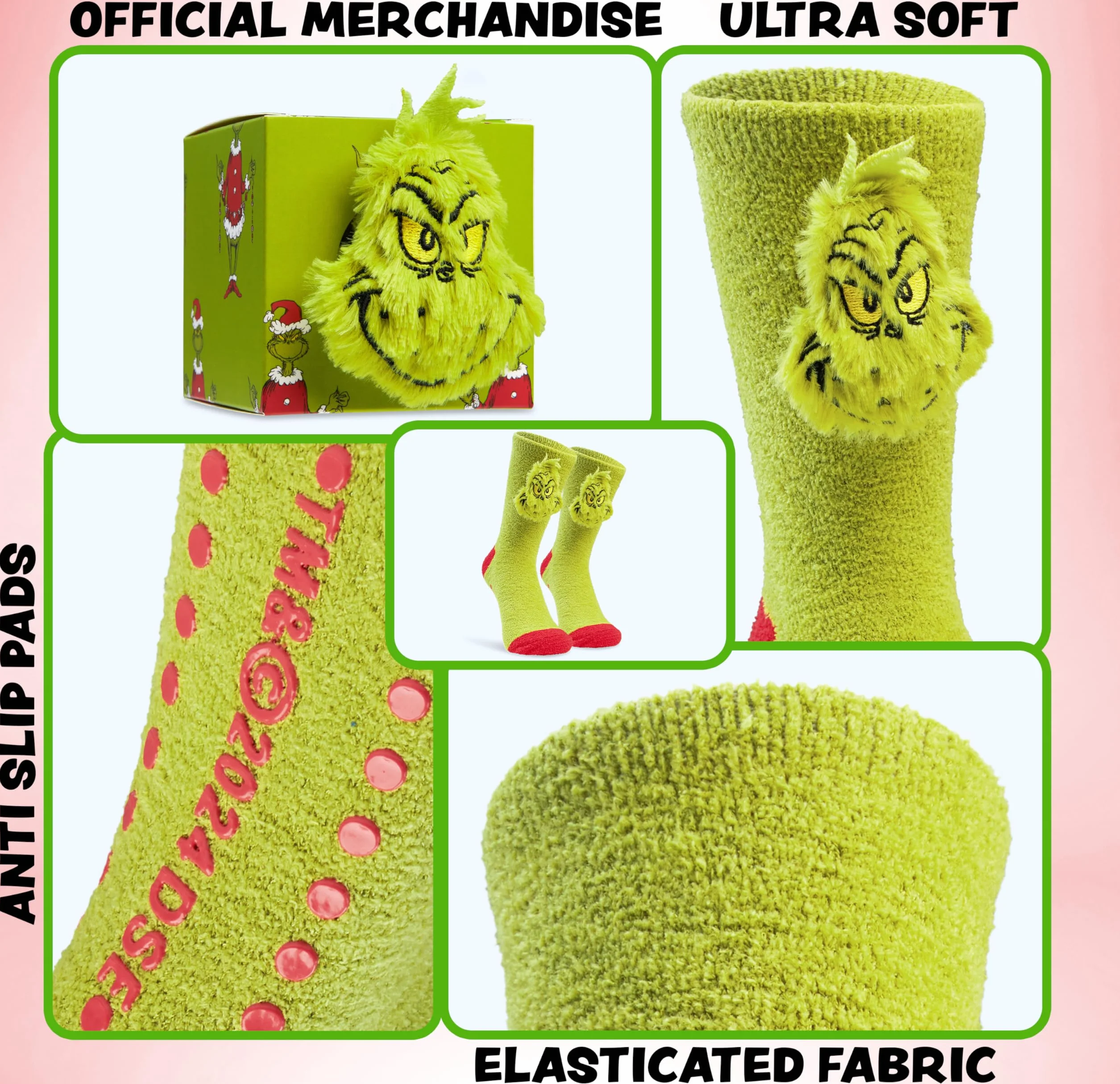 The Grinch Kapcie skarpety dla mężczyzn i nastolatków rozmiar UK 6,5-10,5, ciepłe, puszyste antypoślizgowe skarpety do łóżka, Boże Narodzenie tajemniczy Mikołaj prezenty dla mężczyzn