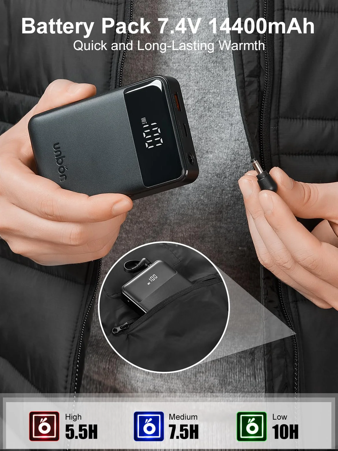 UNBON Męska kurtka grzewcza z baterią 14400 mAh Elektryczna kamizelka grzewcza dla mężczyzn i kobiet z 6 strefami 3 trybami ogrzewania, męska podgrzewana kurtka puchowa na motocykl polowanie