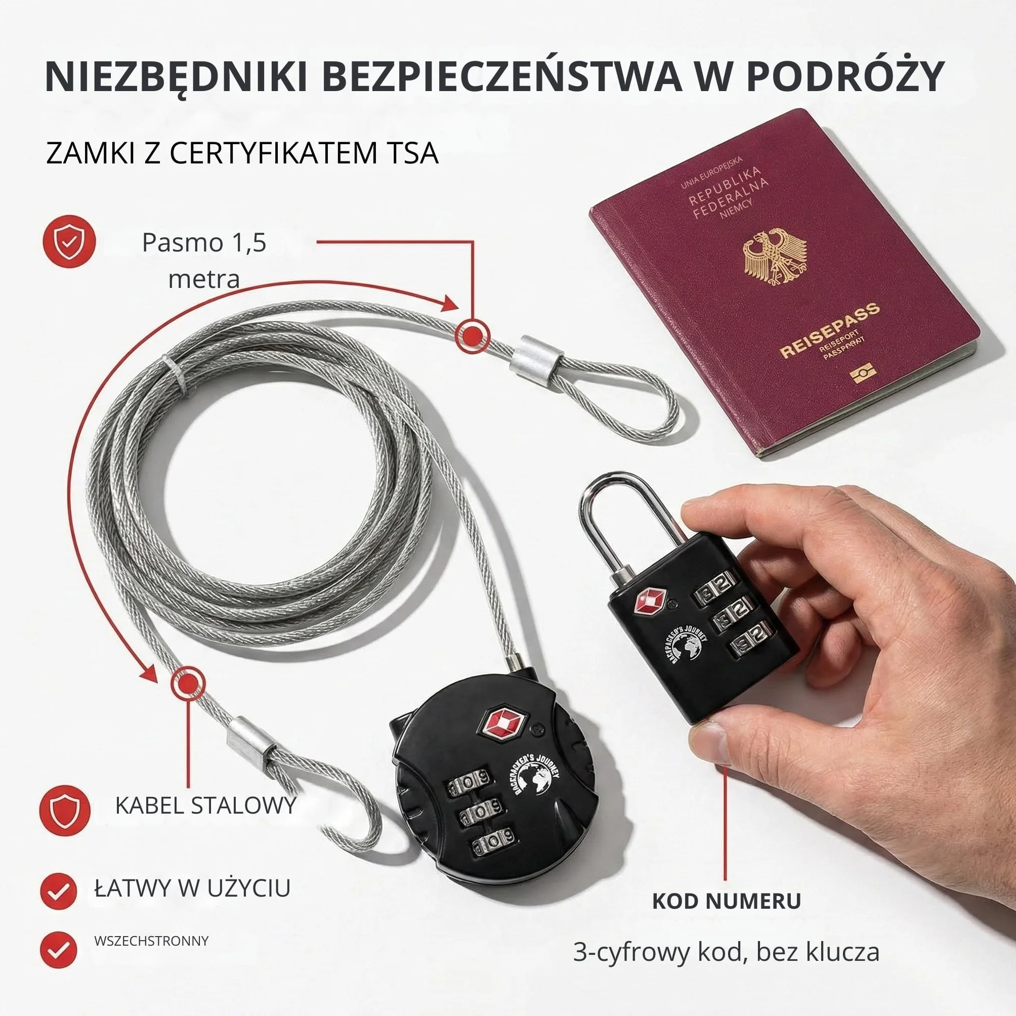 Backpacker's Journey TSA zestaw zamków bagażowych. Idealny do plecaków, walizek i toreb każdego rodzaju. Z metalowym paskiem do różnorodnego zastosowania