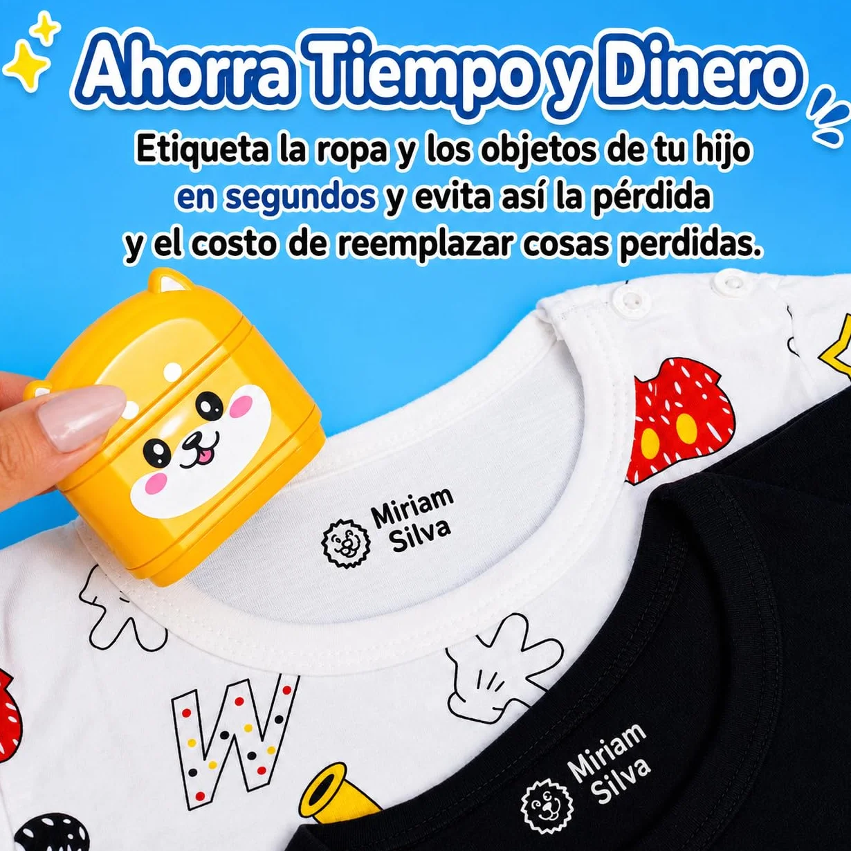 KiddoSpace stemple z imieniem dla dzieci - Kiddostamp dwustronna spersonalizowana pieczęć z imieniem - spersonalizowane znaczki odzieżowe - wodoodporna pieczęć z imieniem (biały + czarny atrament)