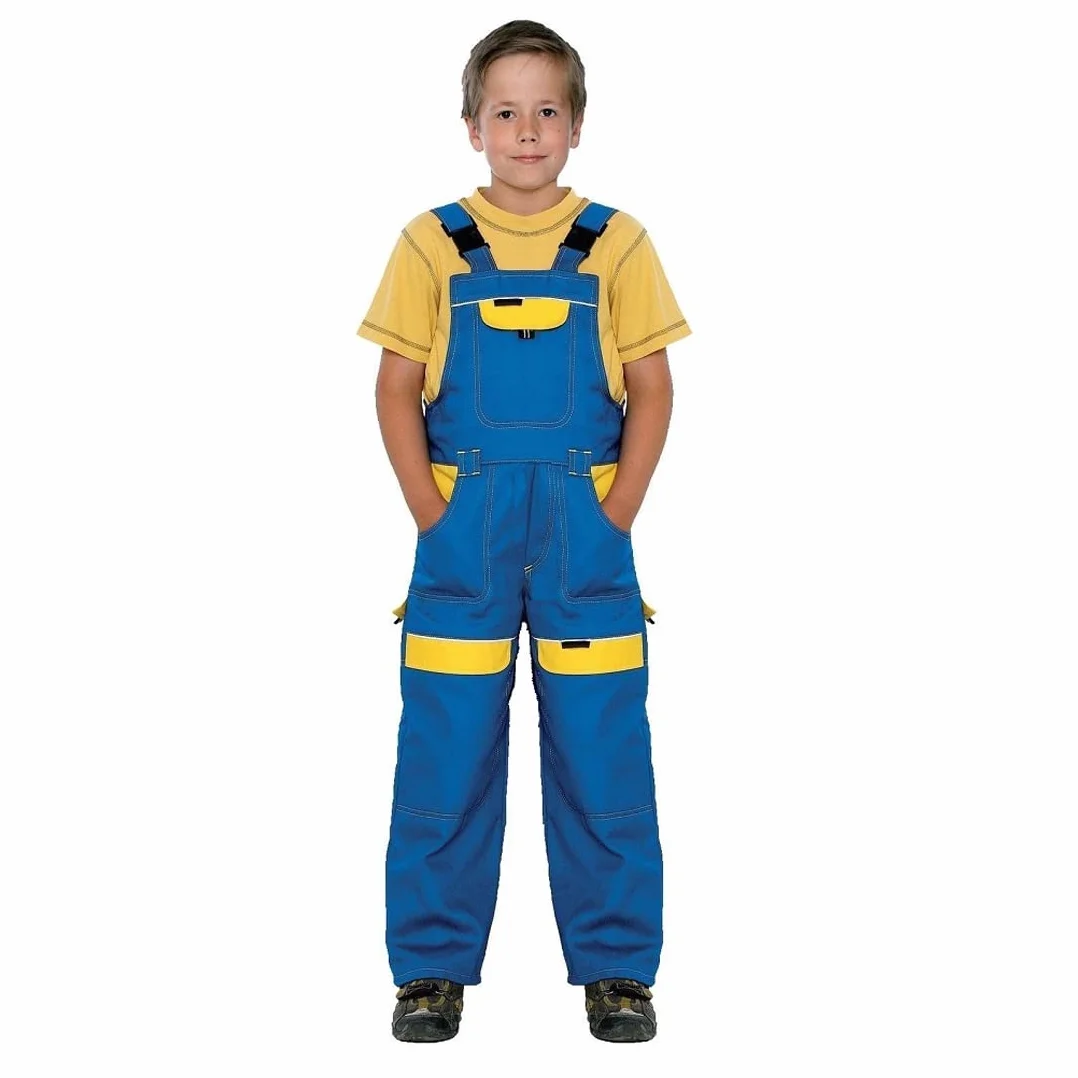 Dziecięce ogrodniczki robocze, spodnie robocze dla dzieci, 100% bawełna, odzież robocza, niebiesko-żółte, r. 146