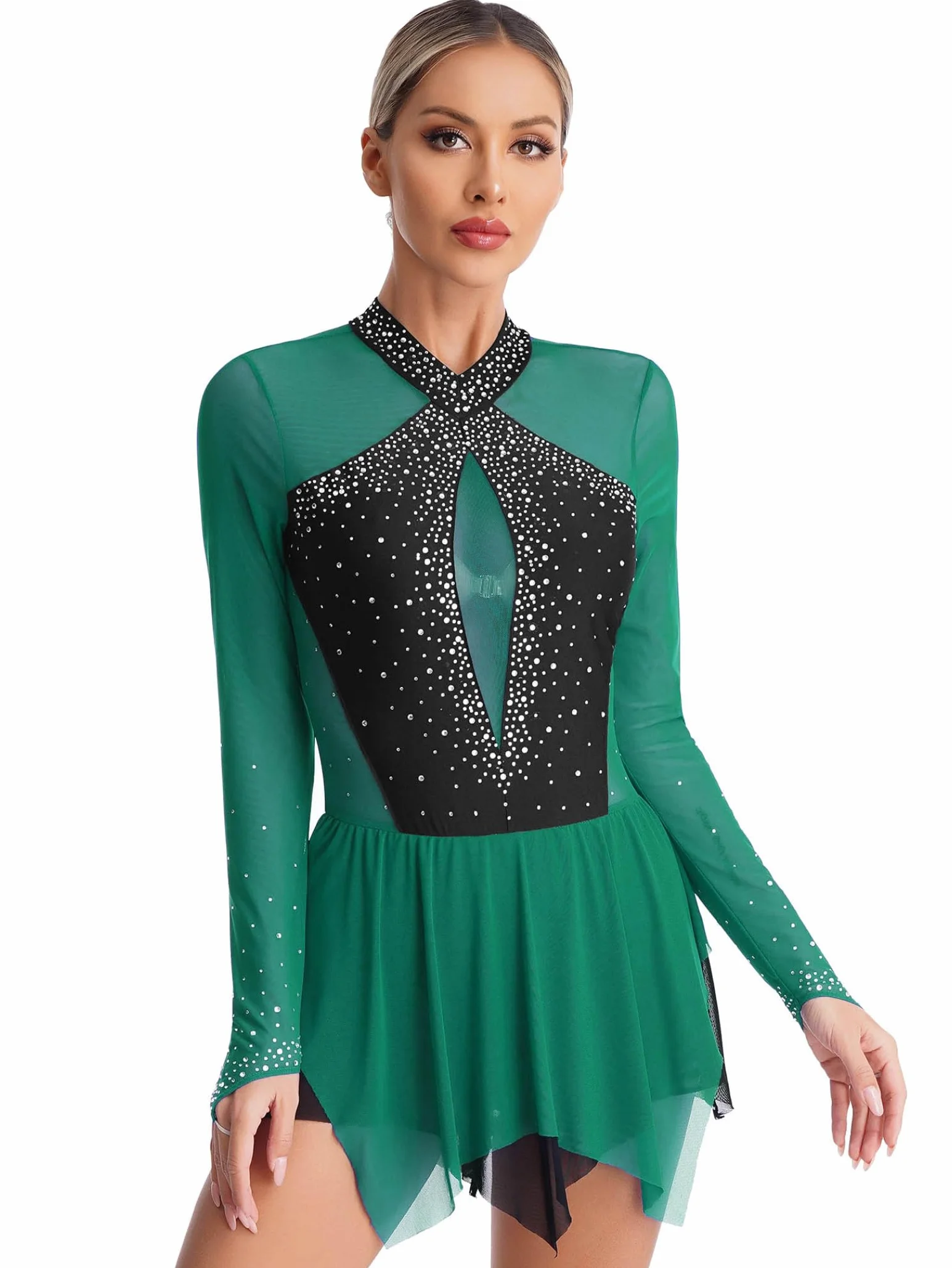 Cekiny Sukienka Łyżwiarstwo figurowe Długi rękaw Współczesny taniec Lyric Sukienka Rhinestone Trykot Trykot Taniec
