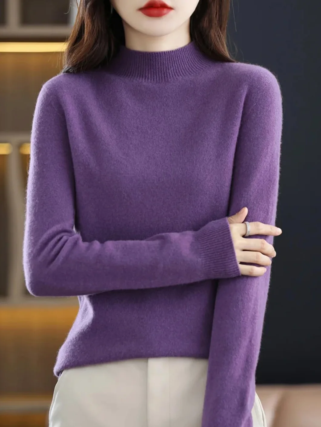 Jesień Zima Damski Podstawowy Sweter Mock Neck Sweter Wełna Merino Długi Rękaw Solidny Kaszmir Dzianinowe Ubrania