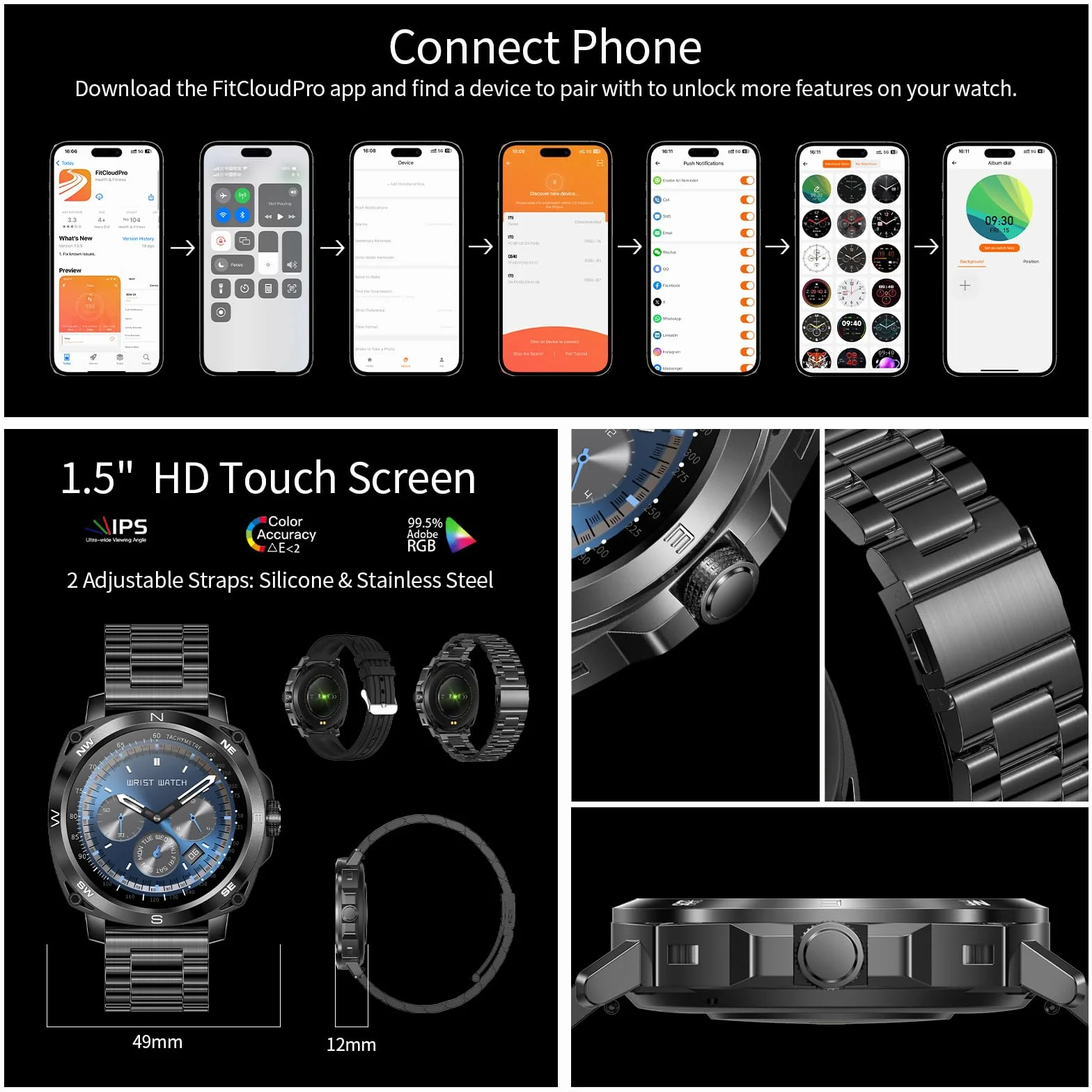 Smartwatch męski, okrągły zegarek, telefon, ekran dotykowy HD 1,5", wodoszczelność IP68, pomiar tętna, snu, zdrowotny, krokomierz, system