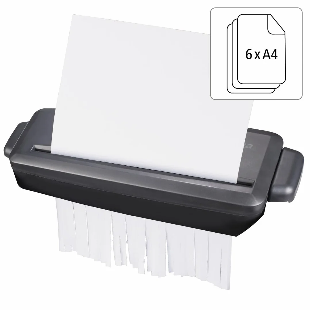 Hama Niszczarka paskowa MINI S6 (6 kartek, do dokumentów, papieru, biurowa, DIN A4, wysuwane ramię, średnica kosza 28-34 cm) czarna