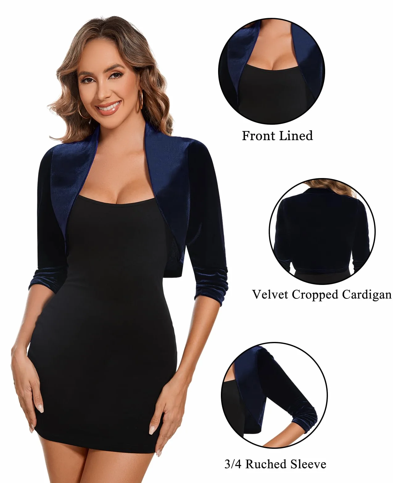 MINTLIMIT Damskie krótkie bolerko, aksamitne, eleganckie, z dzianiny, rękawy 3/4, otwarty kardigan, odświętna kurtka na ramię, bolerko