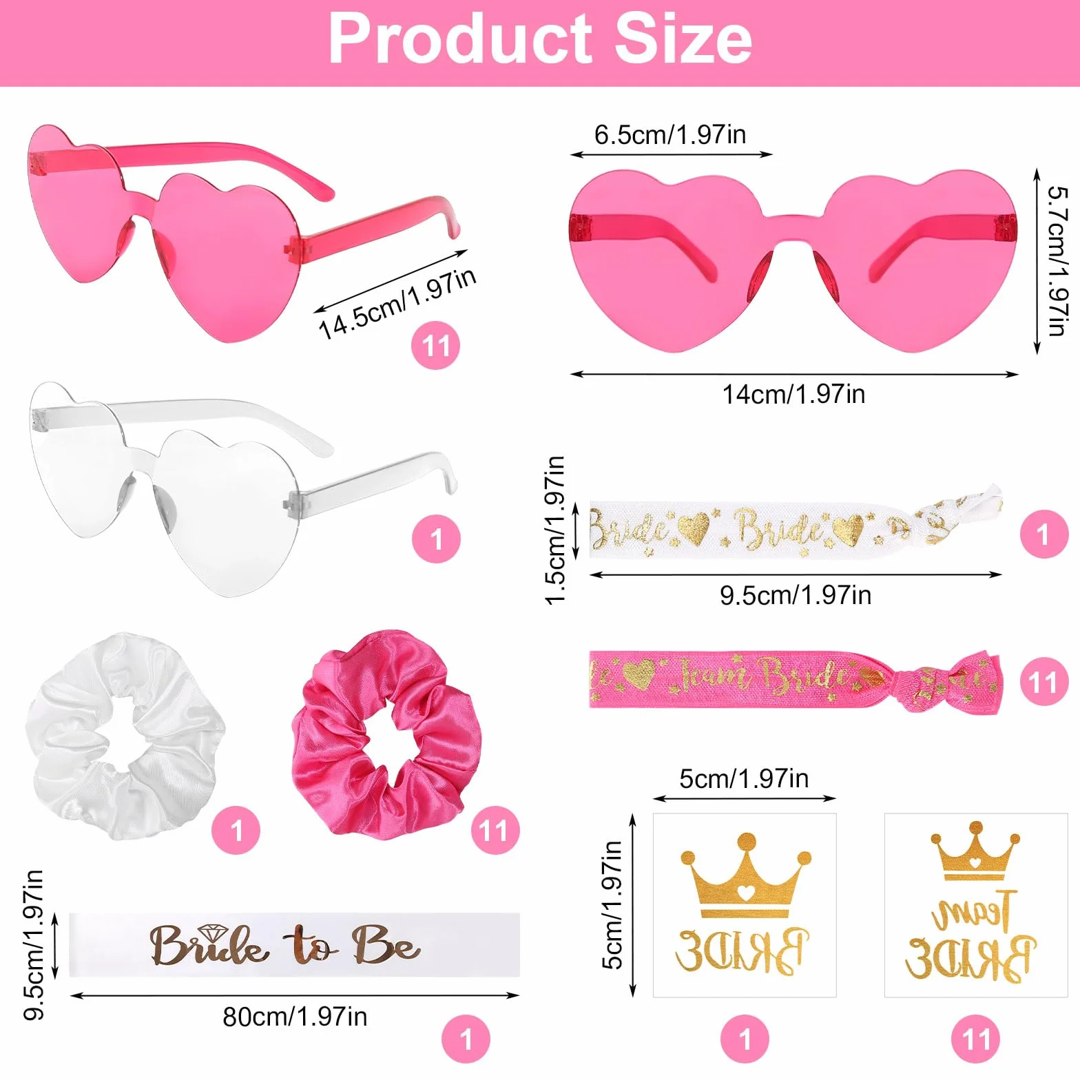 GOSHIES JGA okulary Team Braut zestaw 49 sztuk okularów dla panny młodej z sercem JGA okulary przeciwsłoneczne 1 Bride to be szarpe, 12 okularów w kształcie serca, 12 gumek do włosów, 12 bransoletek