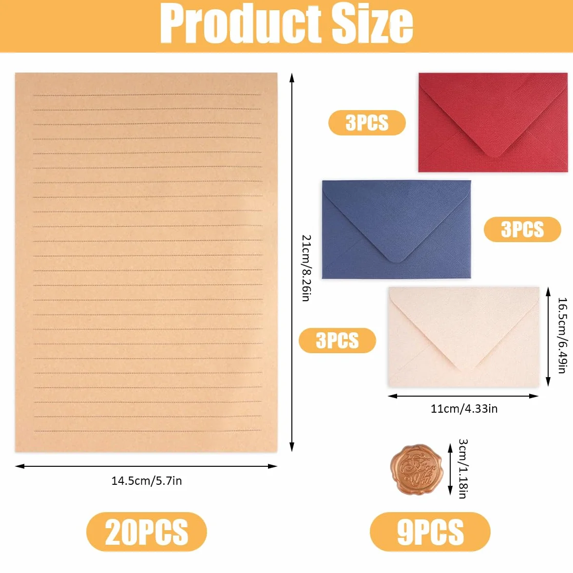 Zestaw 38 sztuk papieru listowego w linie i koperty, 9 lnianych kopert, 9 samoprzylepnych pieczęci woskowych i 20 arkuszy papieru listowego A5, na list miłosny, wesele, urodziny, kartki z życzeniami