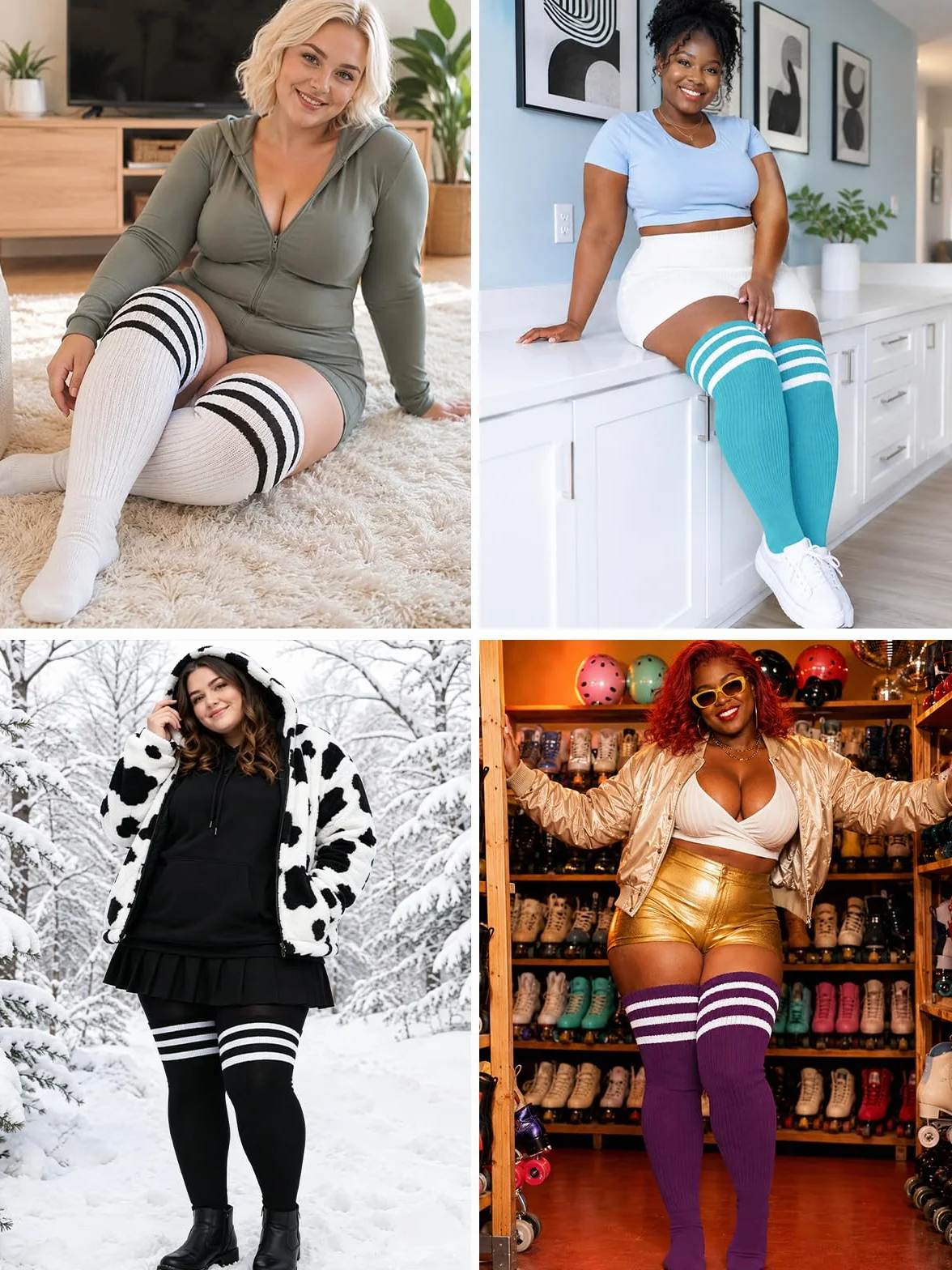 Moon Wood Womens Plus Size Thick Thigh High Socks for Thick Thighs- Extra Long Striped Over the Knee Halloween Socks Leg Warmers