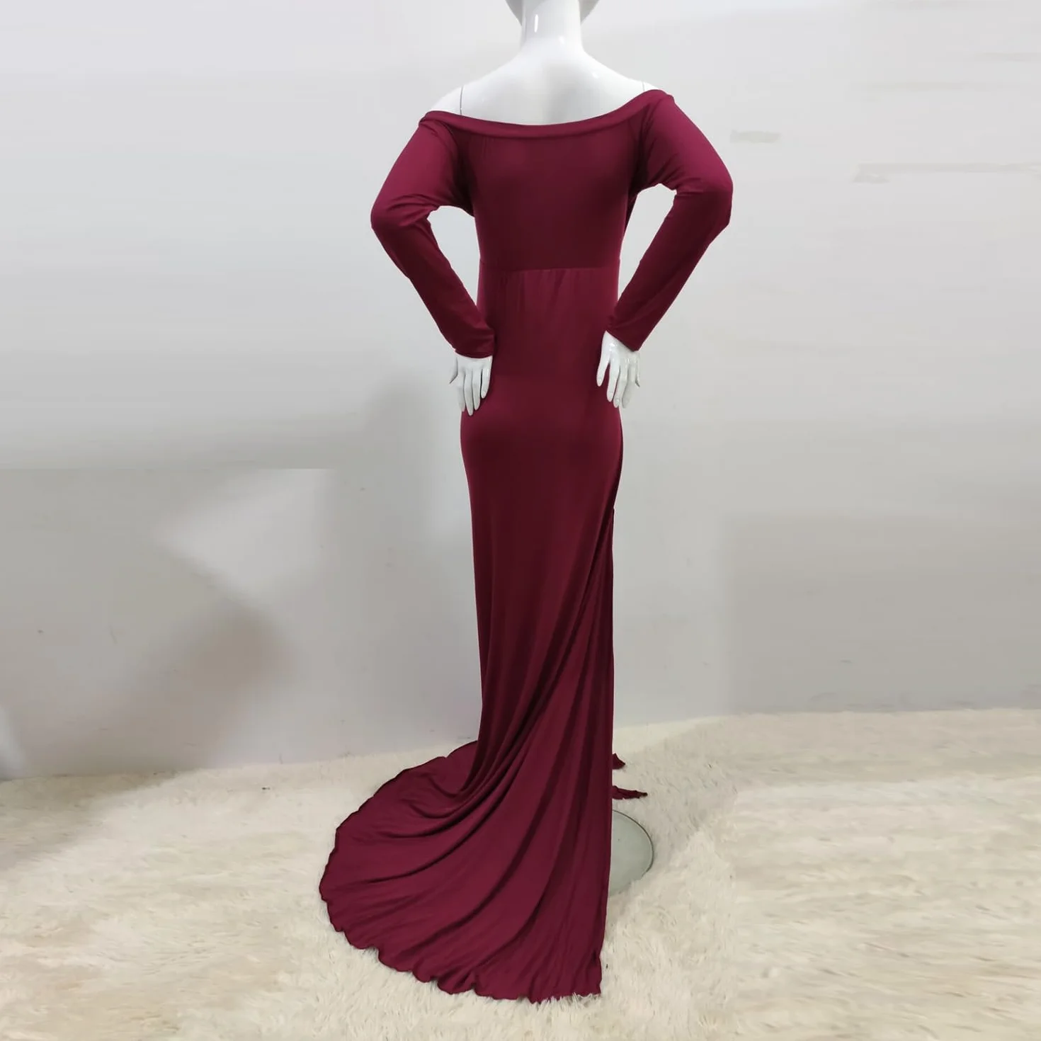 Sukienka ciążowa na sesję zdjęciową na całą długość, odkryte ramiona, rozcięcie z boku, syrenka, elegancka, dopasowana, bodycon, sukienka maxi, baby shower