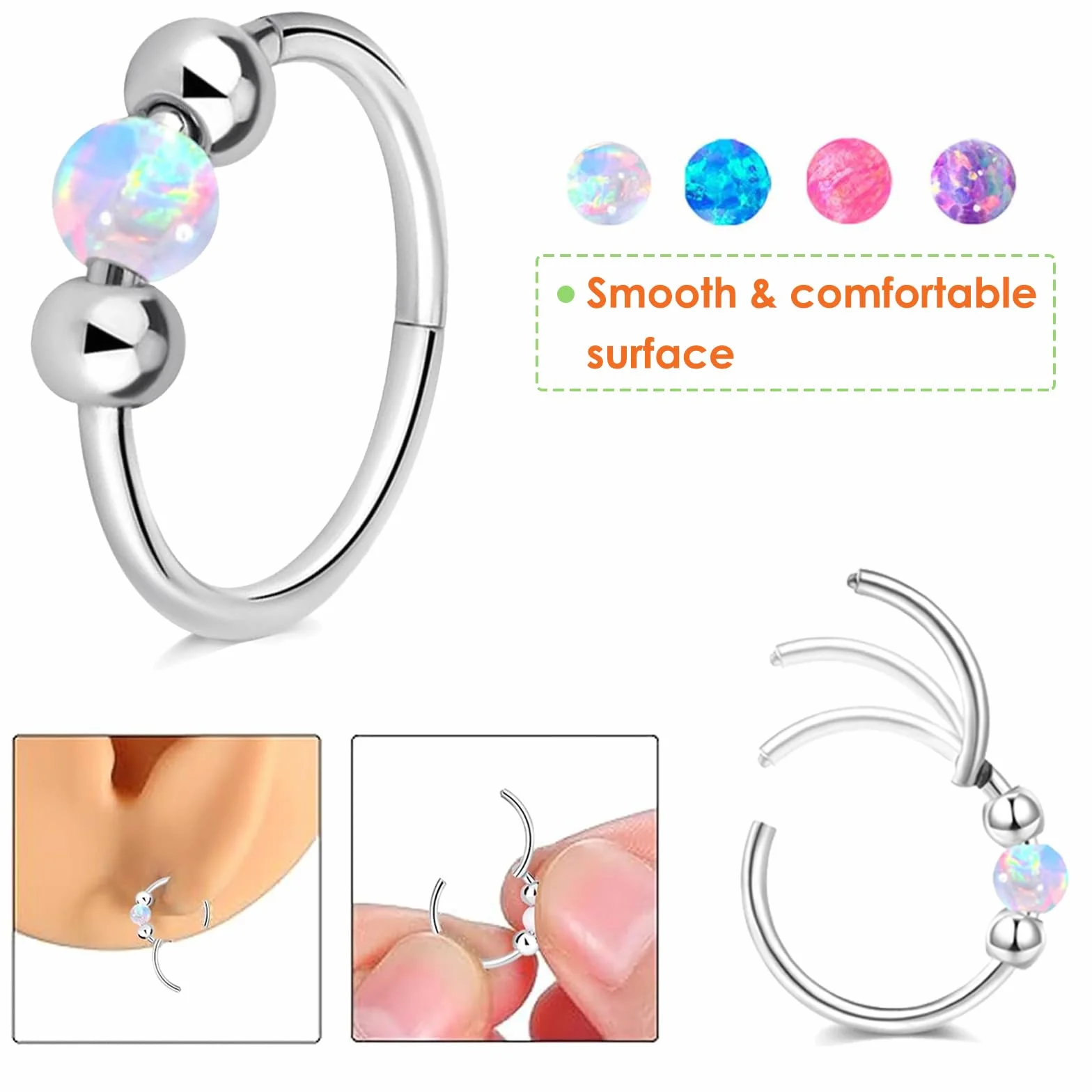 LAURITAMI 18G Piercing do nosa, stal chirurgiczna, zawiasy, segment, kolczyk do ust, chrząstki chrząstki helix trag chrząstki opal Piercing koło złote srebro 3 sztuki
