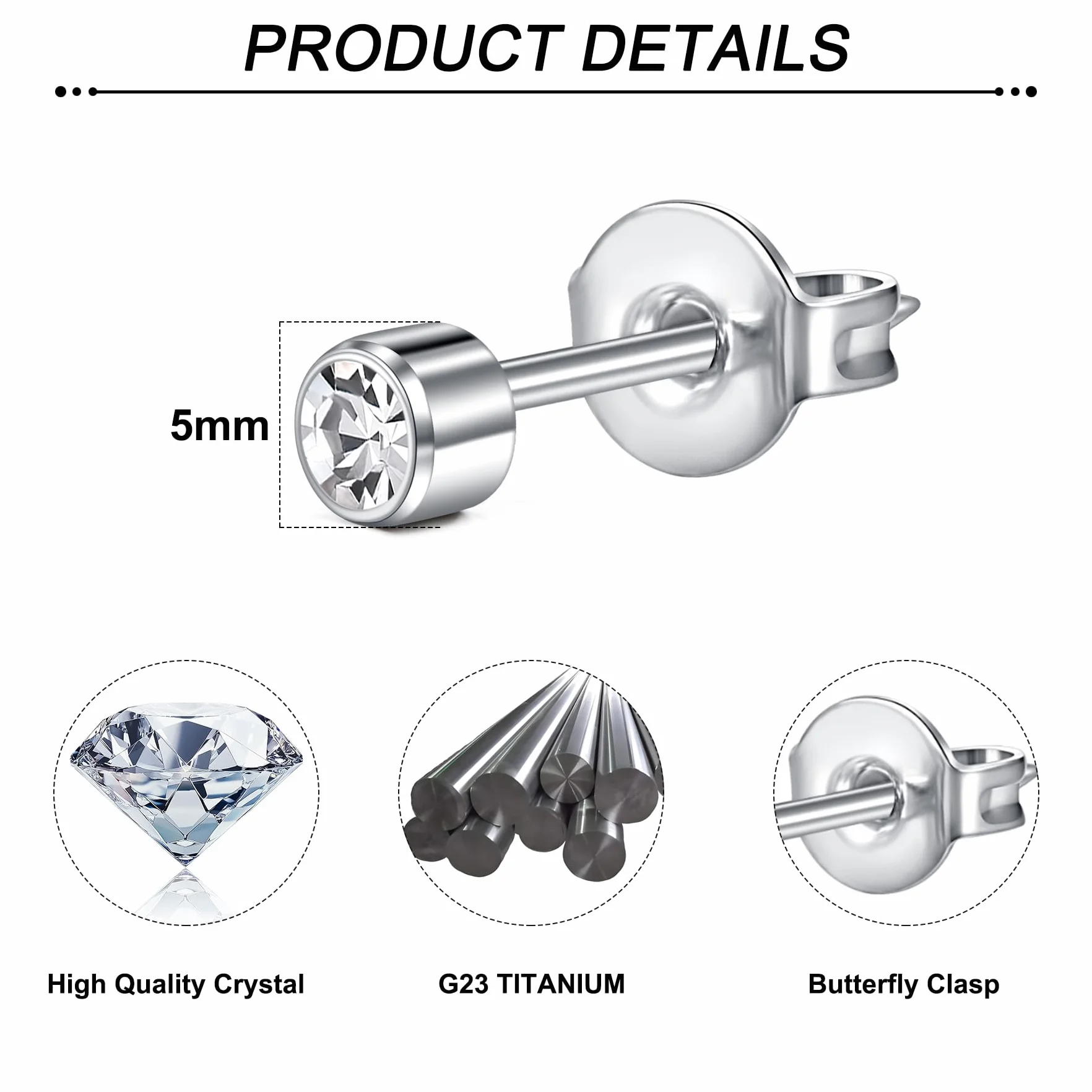 AceFun Tytanowe kolczyki na sztyfcie, złote, srebrne, dla kobiet i mężczyzn, okrągłe, 3 mm, 4 mm, 5 mm, CZ Helix Traugus, biżuteria, kolczyki G23, piercing do uszu, zestaw biżuterii