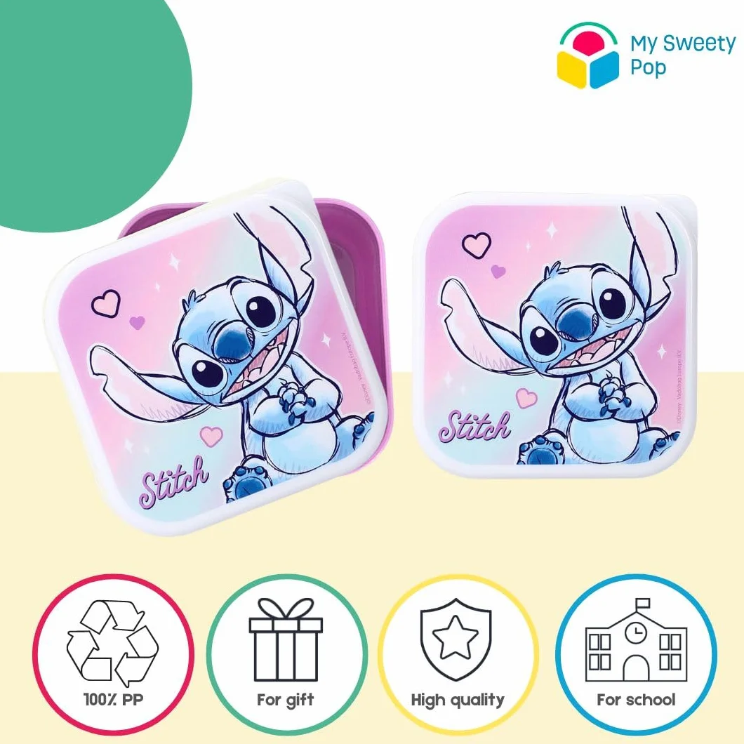 Zestaw 3 pudełek na przekąski, pudełko na przekąski, pudełko śniadaniowe, Stitch - dla dzieci, przedszkole, szkoła, wakacje, posiłek, 11,5 cm, kolor fioletowy, niebieski, różowy,
