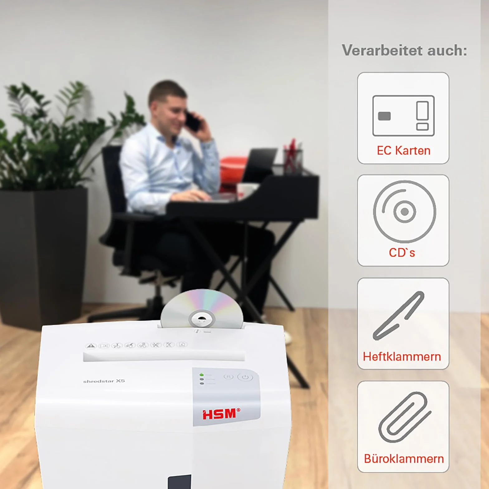 HSM Shredstar X5 niszczarka dokumentów, poziom bezpieczeństwa P-4, 5 arkuszy (cięcie cząstek) z niszczarką CD