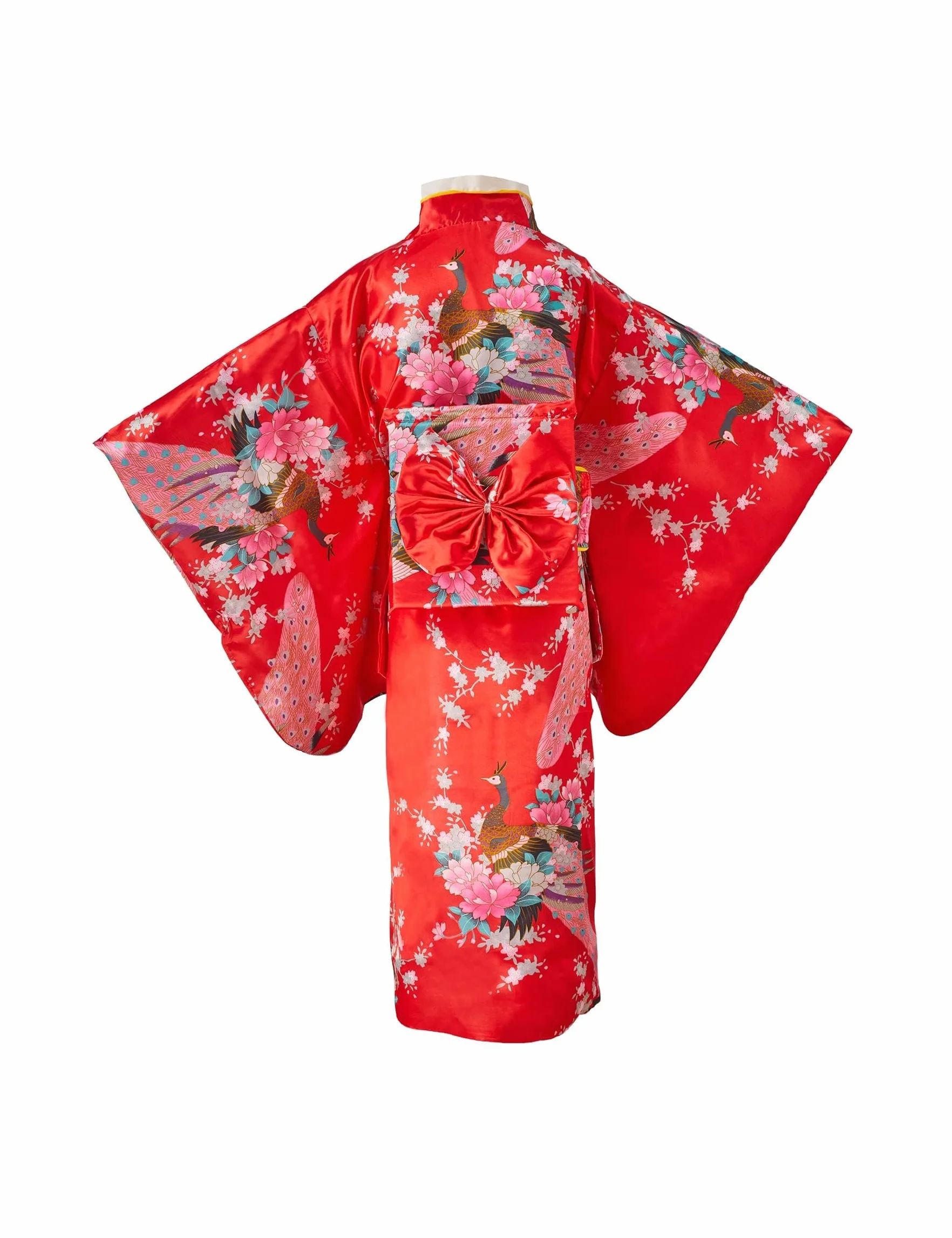 Yukata kimono dla dziewczynek, styl japoński, tradycyjny strój, jedwabny materiał, strój ślubny, na imprezę, do występów, czerwony, 140