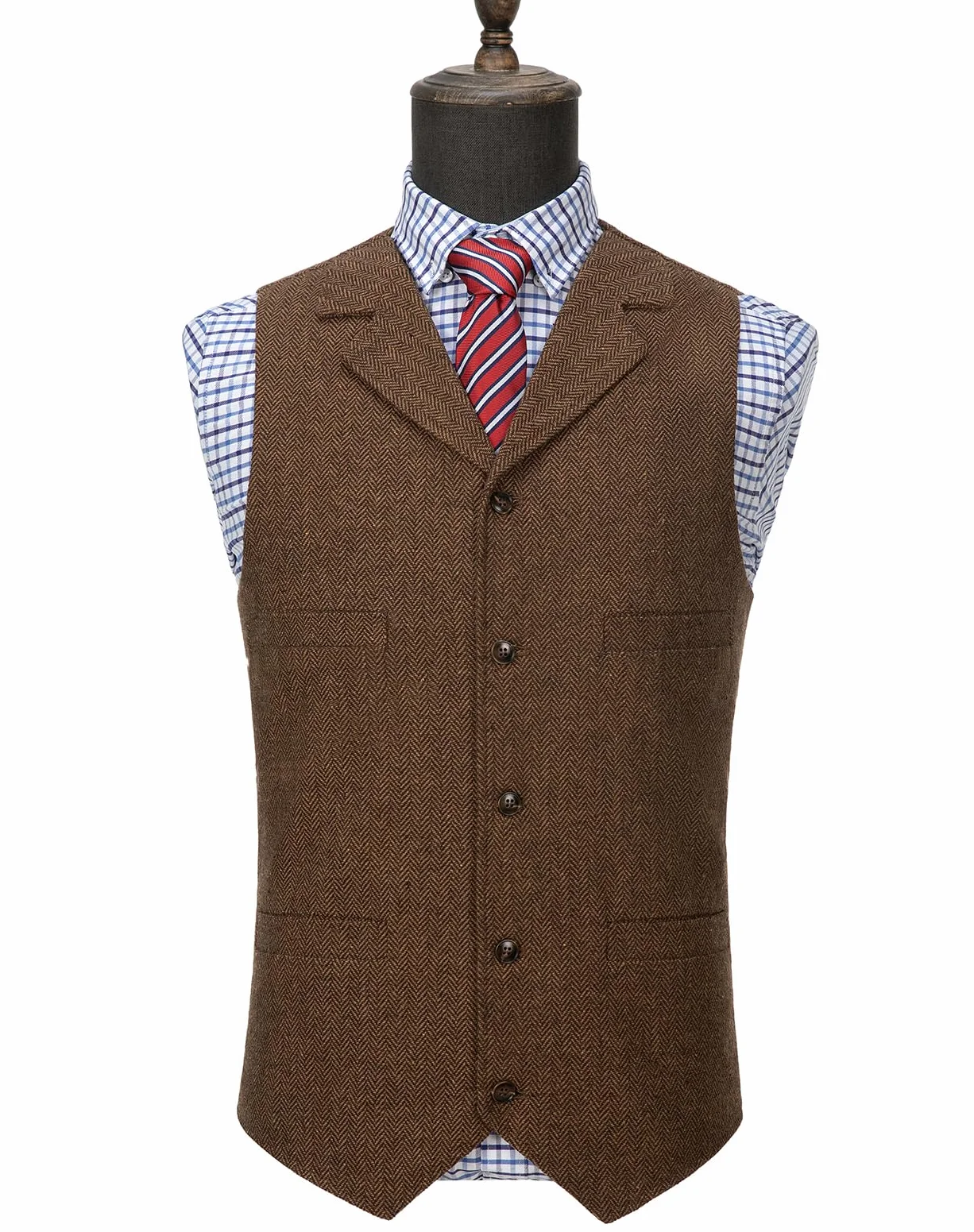 Ceehuteey Męska kamizelka garniturowa, tweed, retro, dekolt w serek, wełniana jodełka, na studniówkę