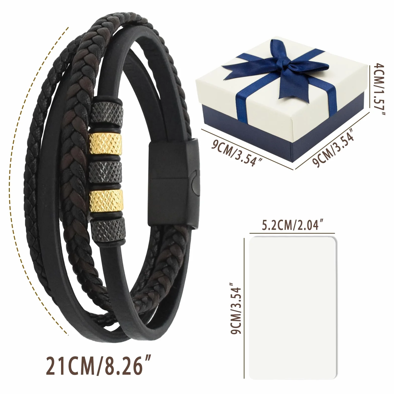 Zequech Bransoletka 21cm z plecionej skóry dla mężczyzn, pasek skórzany, magnezyczne zapięcie, 5 czarnych i złotych paciorów, stylowe pudełko na prezent, prezent na święto