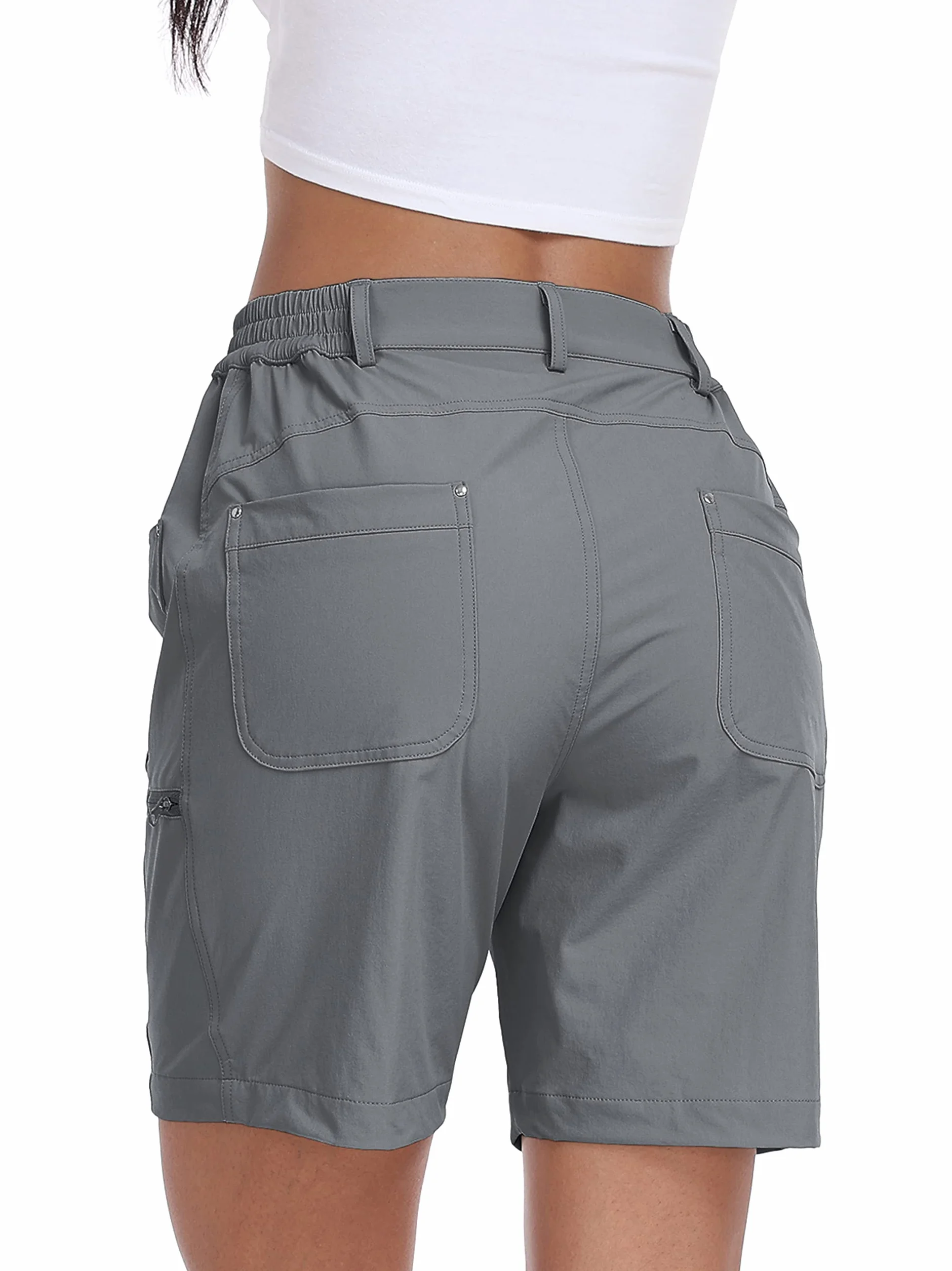 MoFiz Spodenki Cargo Damskie Hiking Shorts Lekkie Elastic Trekking Spodnie robocze Wodoodporny z kieszeniami, Szary, L