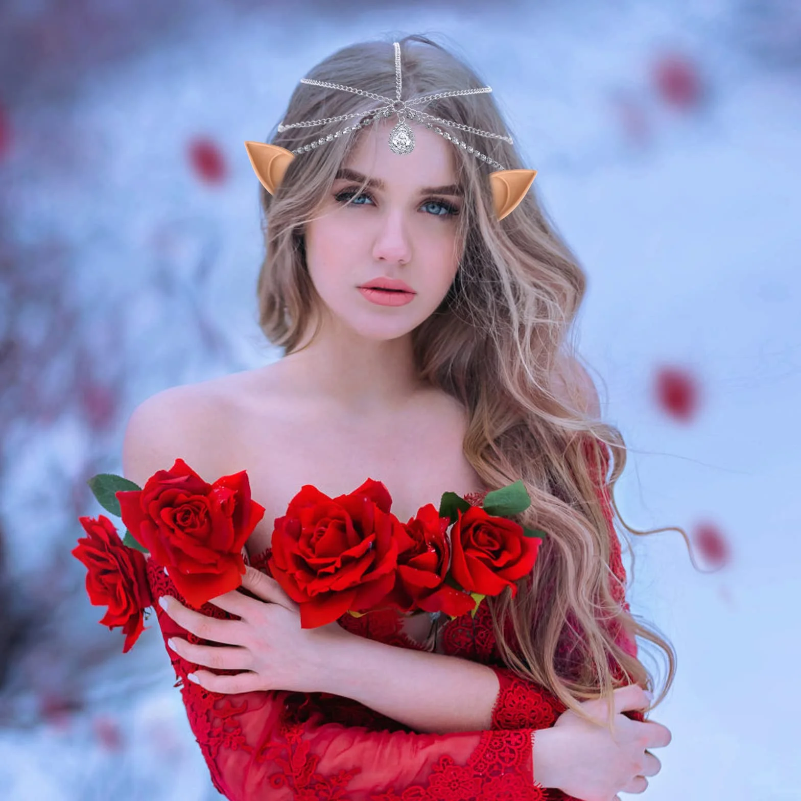 Lusofie Uszy elfa, łańcuszek z księżycem, w stylu retro, stras, akcesoria do włosów, na cosplay, imprezę, anime, bal maskowy