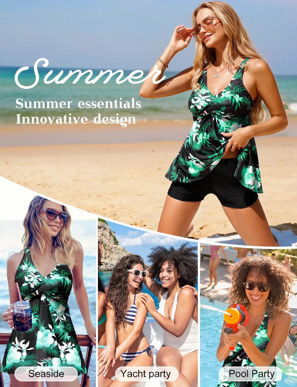 Svanco Damski tankini z szortami, kontrola brzucha, 2 sztuki, strój kąpielowy, wyściełany kwiatowy nadruk, kostium kąpielowy push-up, z szortami, kostiumy kąpielowe dla kobiet