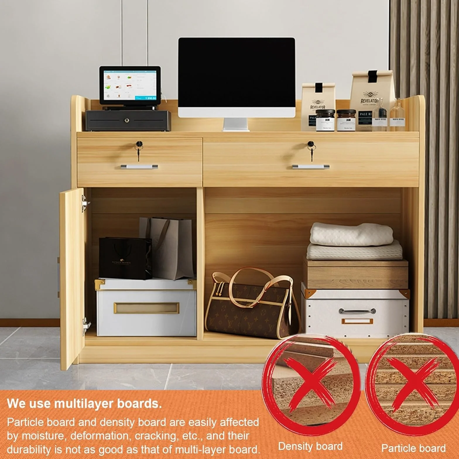Front reception desk counter desk,Reception Desk with Lockable Drawers,Retail Counter with Cable Management Holes, Front Desk for Salon office(B3,L120cm/47.2in)