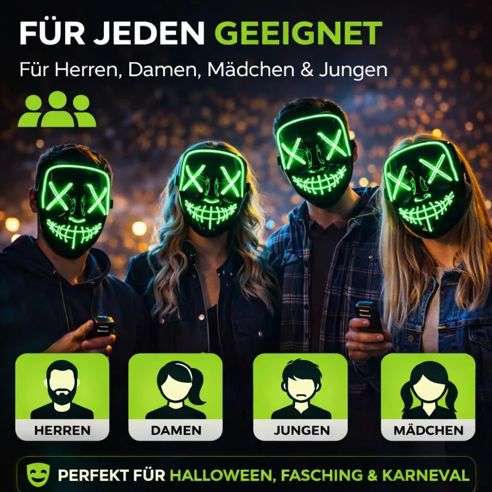 Maska czyszcząca LED – maska kostiumowa sterowana na Halloween, karnawał i karnawał, jako kostium dla mężczyzn i kobiet (wybór koloru)