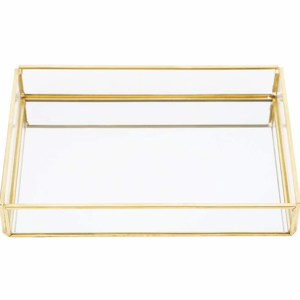 Taca z lustrem w stylu retro, złota taca, w stylu vintage, metalowa, szklana, pudełko do przechowywania kosmetyków, organizer do przechowywania perfum, biżuterii i makijażu, toaletki (S)