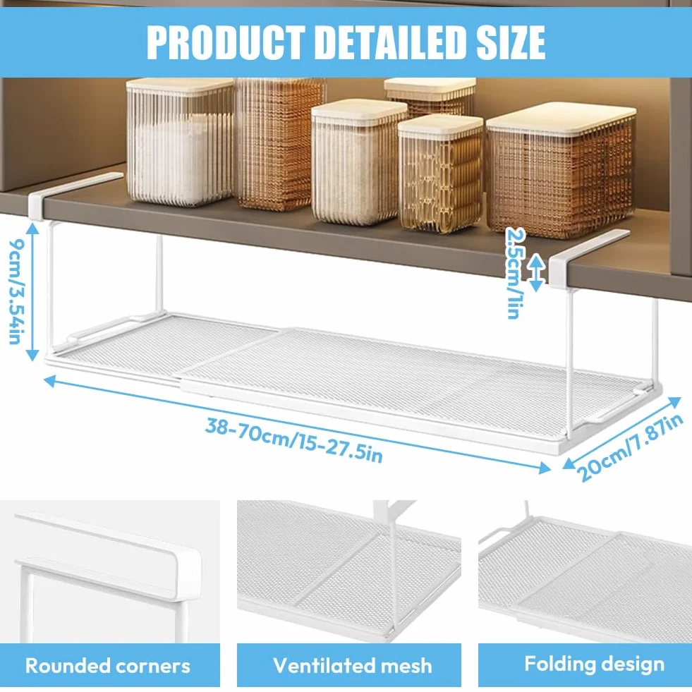 Kosz wiszący z metalu z regulacją 38-70 cm, wysuwany kosz pod regałem, regał wiszący, organizer do szafek kuchennych, spiżarni i szaf na ubrania (biały)