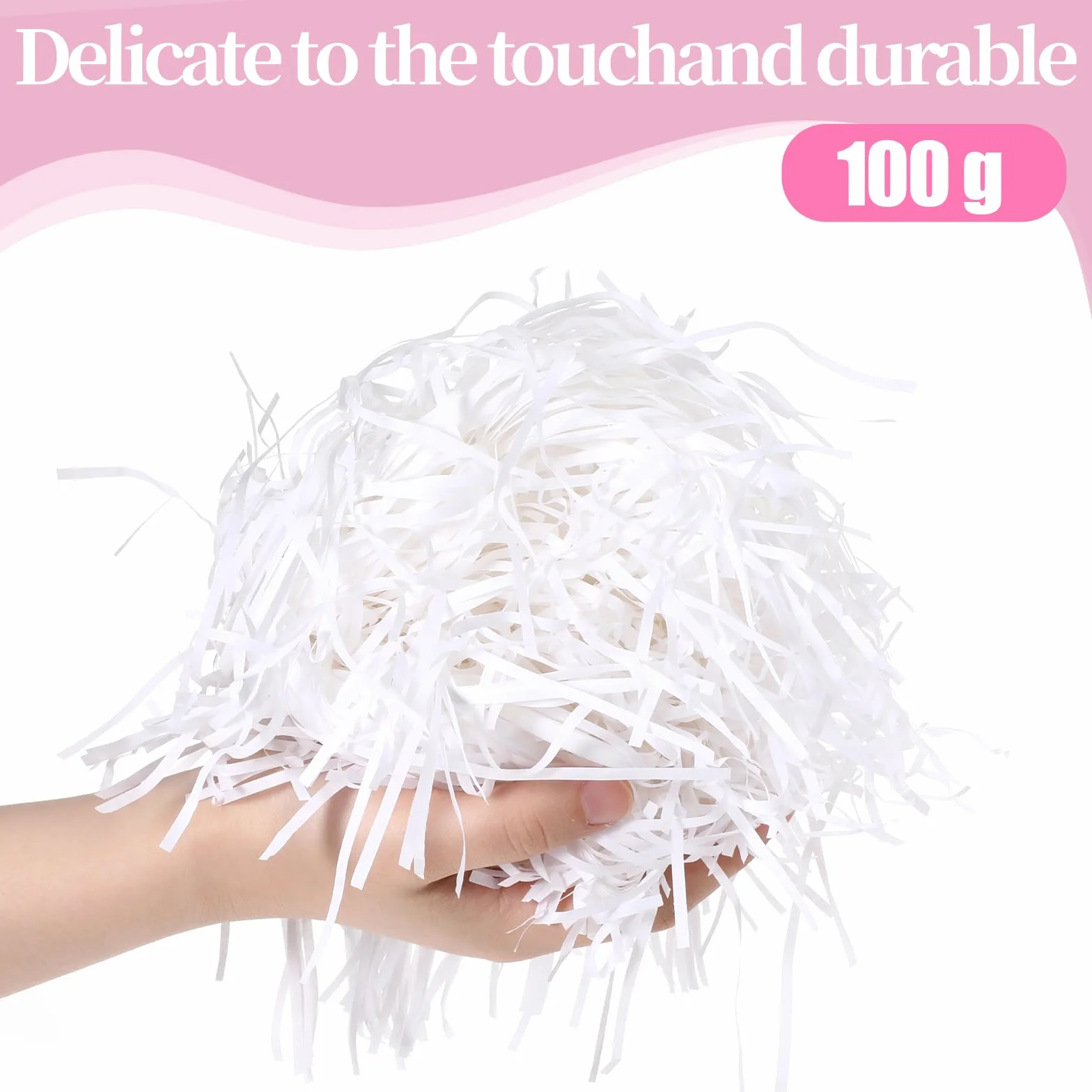 JIYIN 100 g biały rozdrobniony papier bibułowy do pakowania pudełek prezentowych, miękkie prezenty z rafii, wypełniacz, materiał wypełniający do koszy prezentowych i toreb, odpowiednia impreza