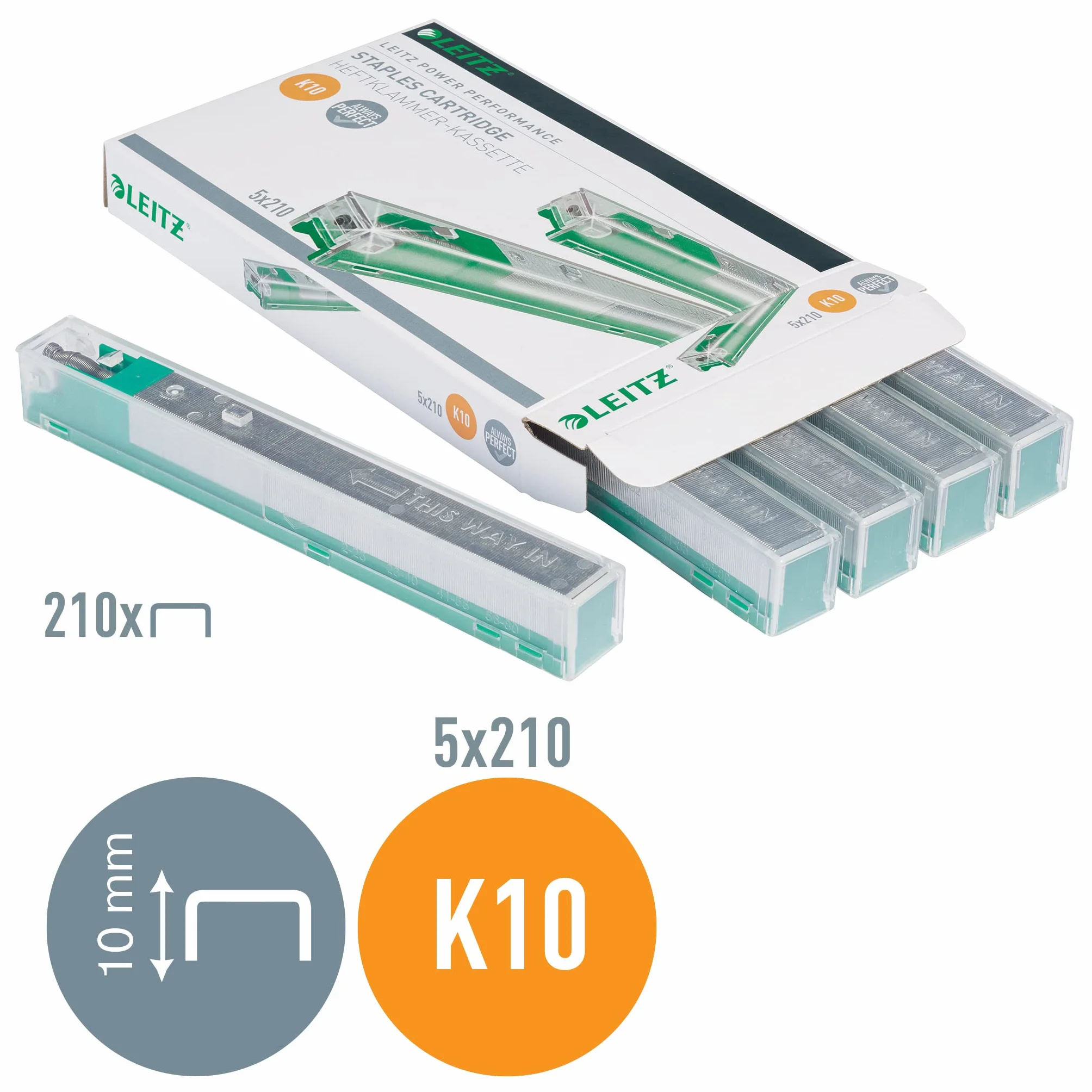 Leitz Power Performance Heavy-Duty kasety ze zszywkami K10, ocynkowane, pudełko z 5 kasetami, 5 x 210 zszywek, 55930000