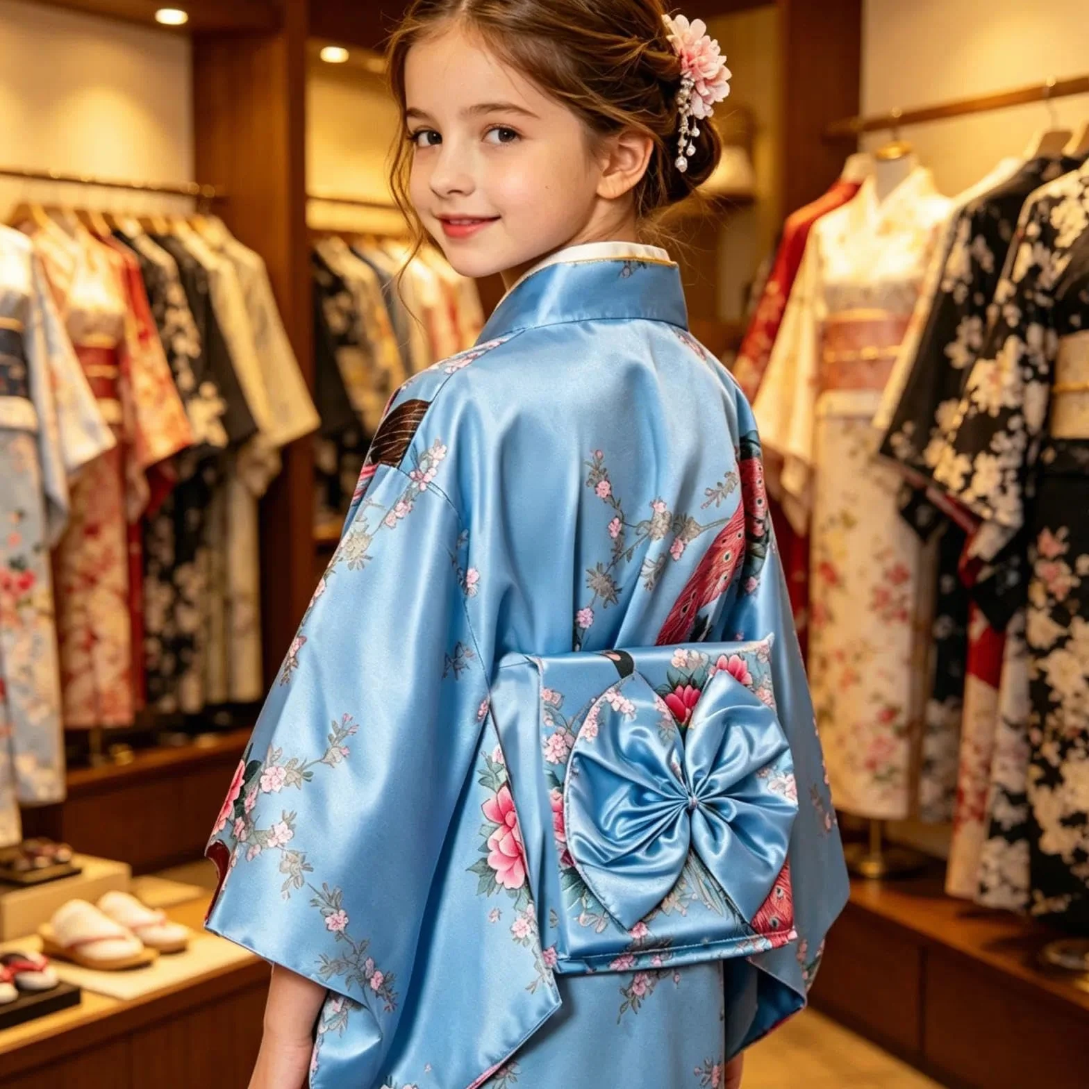 Dziecięce Yukata w Stylu Vintage Japońskim - Sukienka Kimono dla Dziewcząt, Dziecięca Tradycyjna Odzież z Jedwabnego Płótna, Sukienka na Ślub, na Imprezę, na Występ, NIEBIESKI, 140