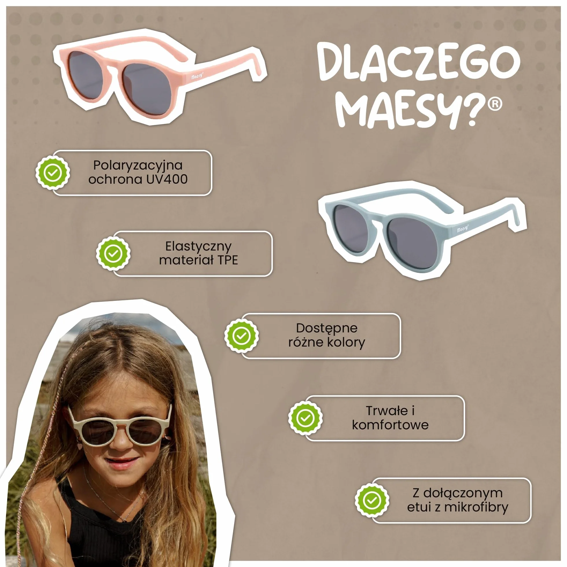 dziecięce okulary przeciwsłoneczne Faela - 3-6 lat - elastyczne, wyginane - ochrona UV400 z polaryzacją - maluchy i przedszkolaki - chłopcy i dziewczynki - okrągłe