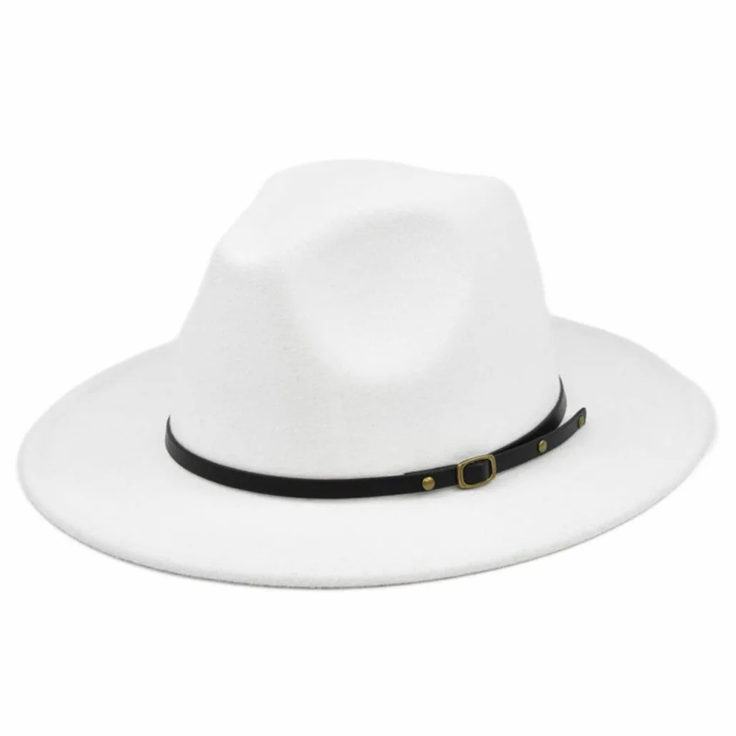 Klasyczny kapelusz typu Floppy Fedora: zwykły kapelusz z szerokim rondem z oddychającym ciepłem i klamrą do paska dekoracyjny styl panamski, Biały196, rozmiar uniwersalny