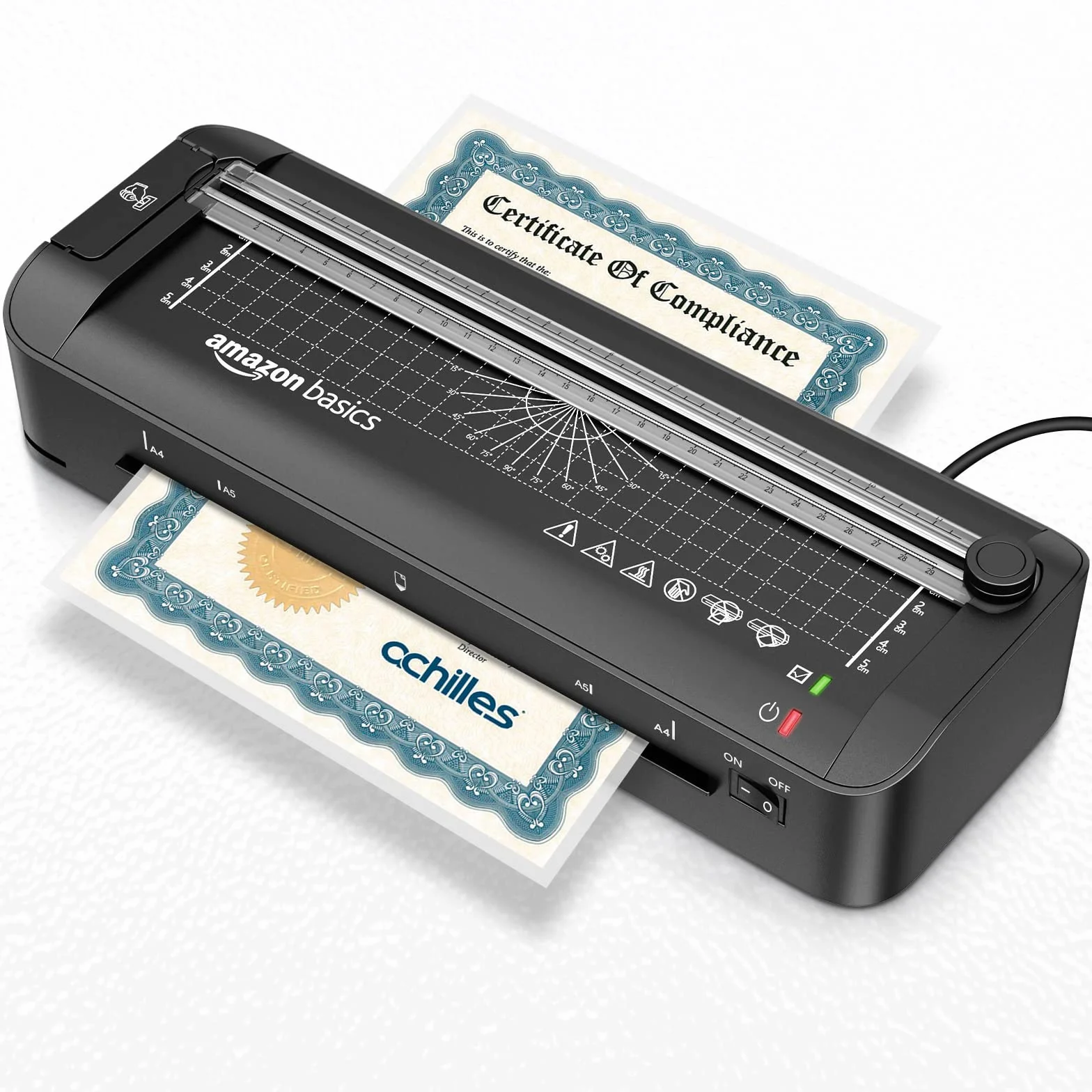 Amazon Basics Laminator termiczny 3 w 1 do formatu A4 z funkcjami cięcia, dziurkowania i zaokrąglania narożników, zawiera 10 koszulek, wtyczkę EU, czarny