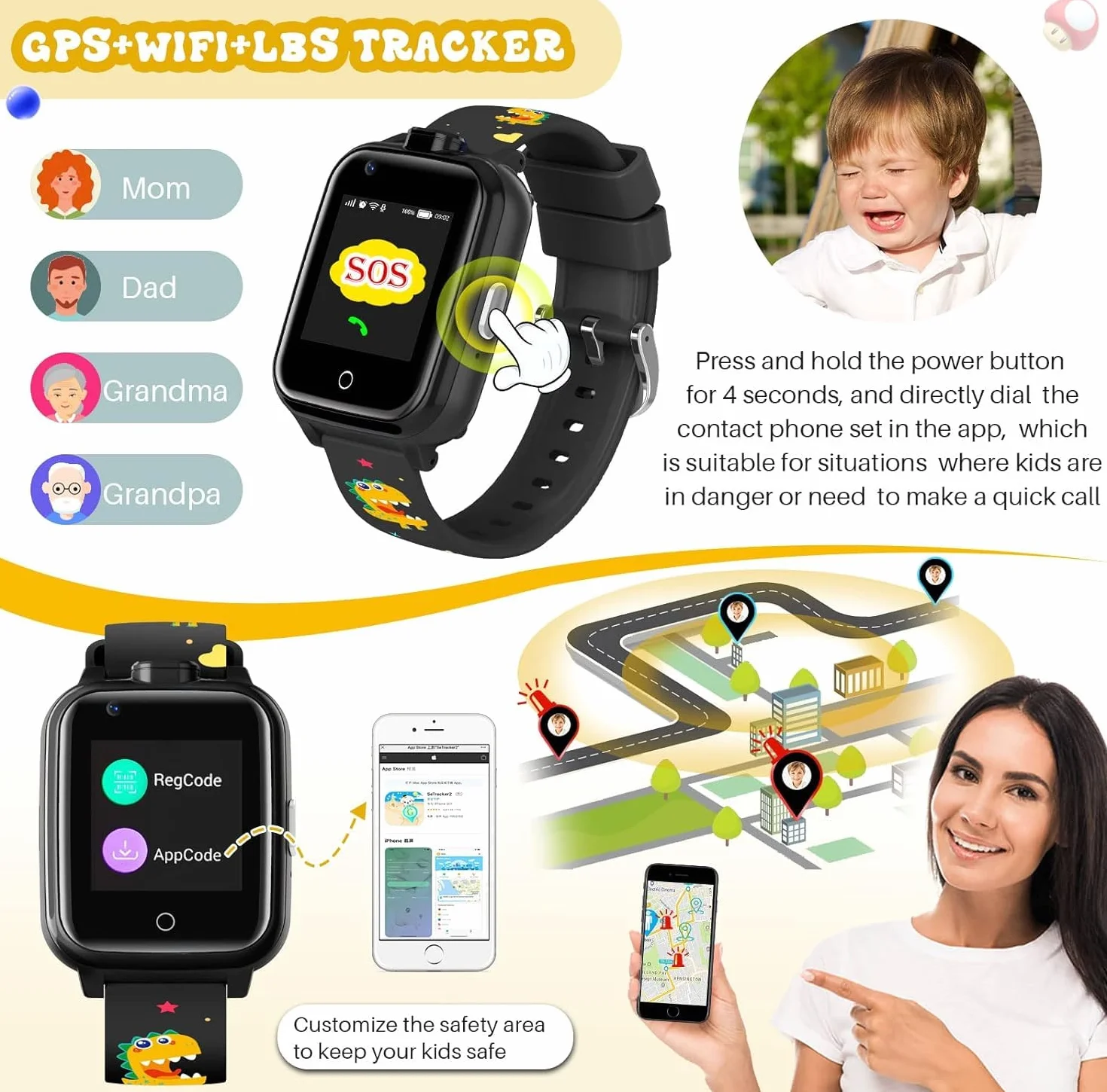 OKYUK Smartwatch 4G z Trackerem GPS dla Dzieci, Podwójna Kamera, 2-Kierunkowe Połączenia Głosowe i Wideo, Powiadomienie SOS, Bezpieczny dla Uczniów 3-12 Lat