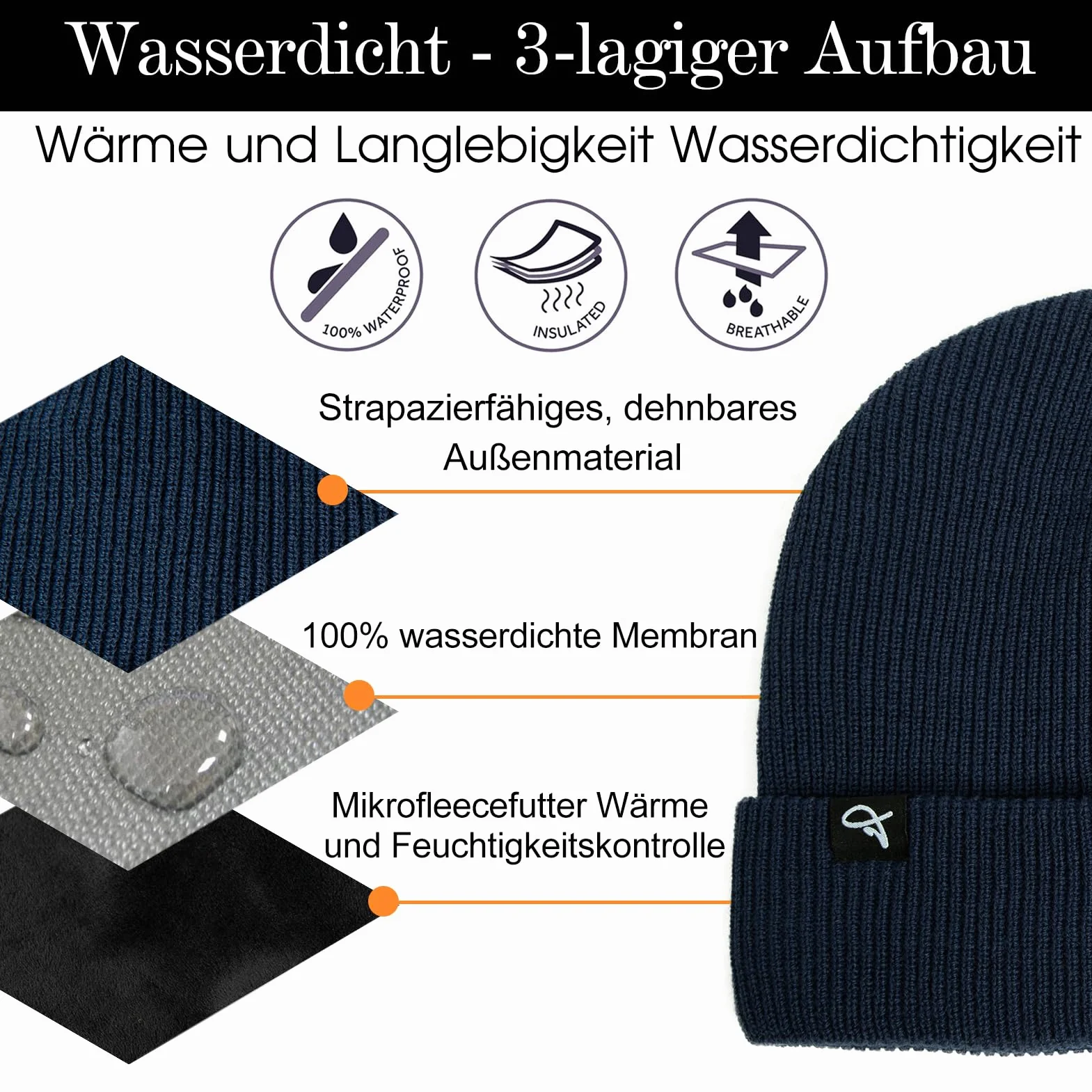 TOP-EX Wodoodporna czapka beanie męska damska czapka beanie z wełny merynosów ciepła czapka zimowa z podszewką polarową na zimną i mokrą pogodę, wiatroszczelna i ciepła i rozciągliwa