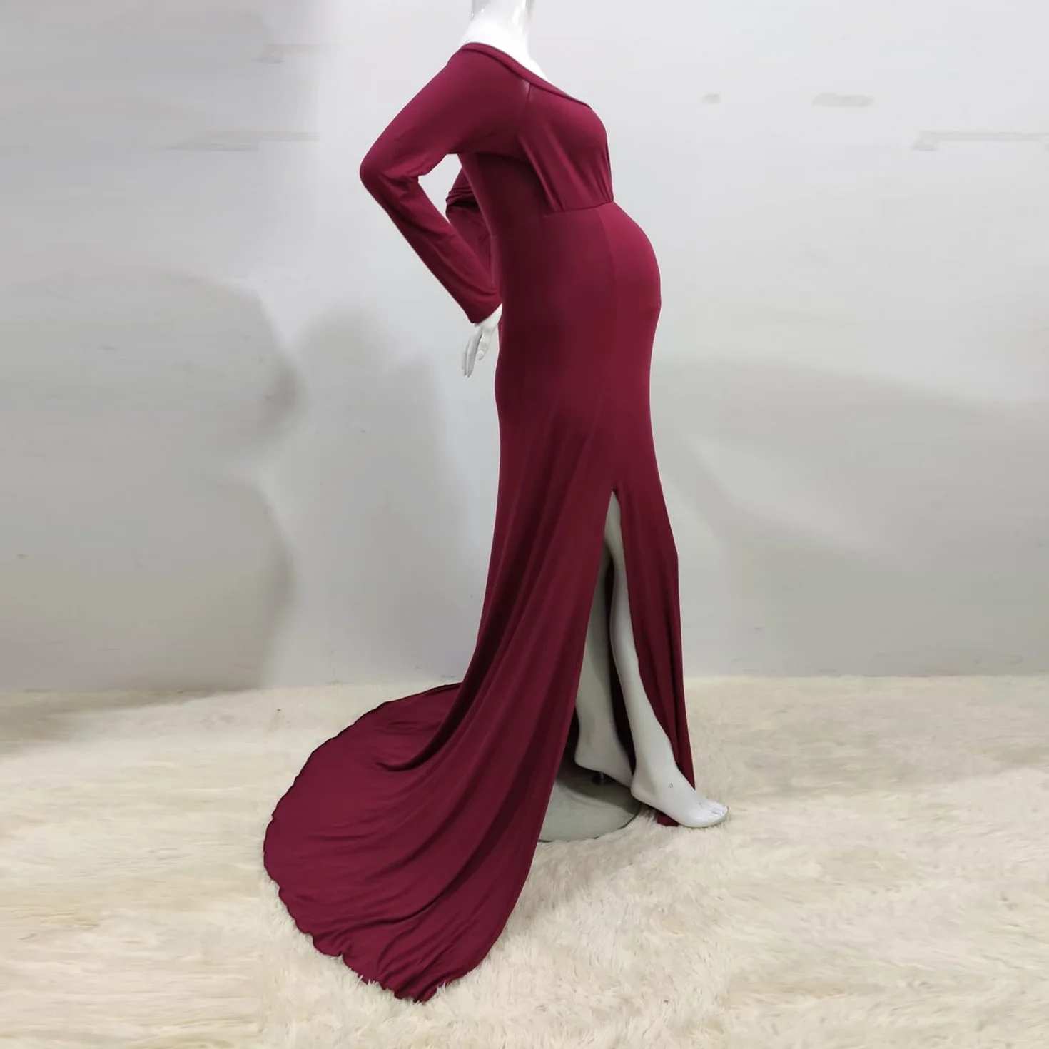 Sukienka ciążowa na sesję zdjęciową na całą długość, odkryte ramiona, rozcięcie z boku, syrenka, elegancka, dopasowana, bodycon, sukienka maxi, baby shower