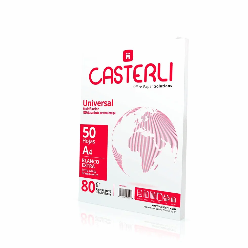 CASTERLI 81010 Papier A4, 50 białych arkuszy, rozmiar A4, 80 g/m², bardzo biały, papier uniwersalny do drukarki A4 80 g/m² (A4, 50 arkuszy)