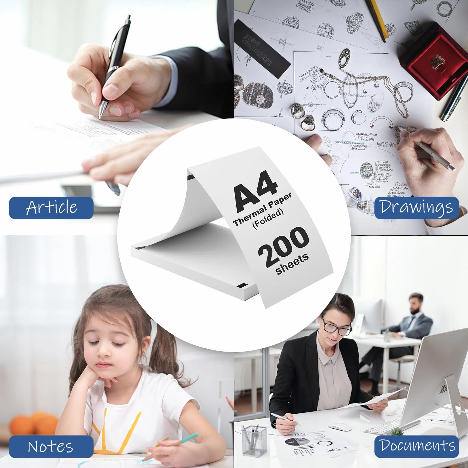 200 Arkuszów Składany Papier Termiczny A4 - Szybkoschnący, 210×297 mm, 70g/m² Celuloza, Bez Bisfenolu A, Kompatybilny z Drukarkami Termicznymi A4, Linia Odrywania, do Druku Ciągłego