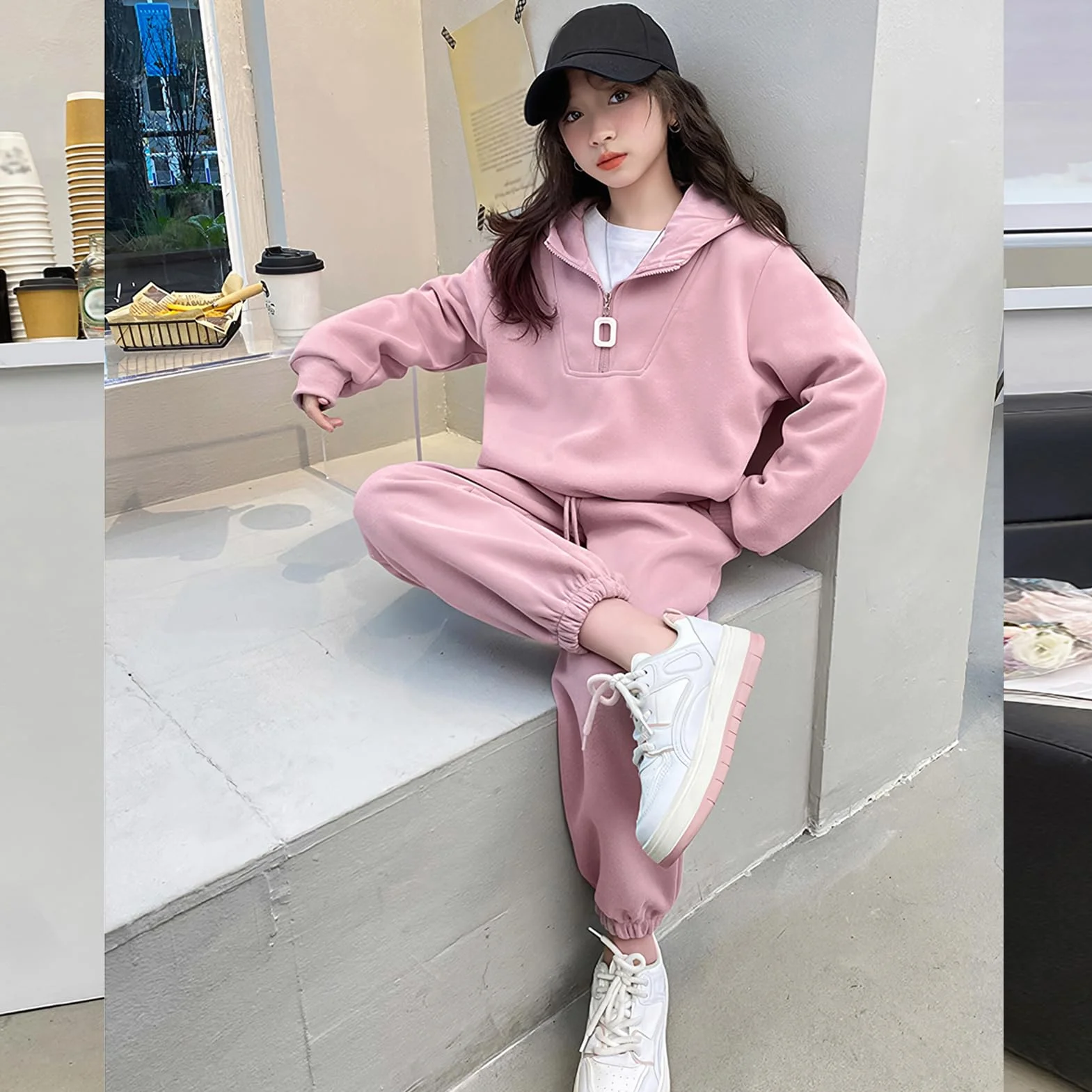 Dziewczęcy dres sportowy z kapturem, luźny dres treningowy, zestaw 2 szt., bawełniany dres do biegania, dla dzieci, luźna odzież sportowa na wiosnę i jesień