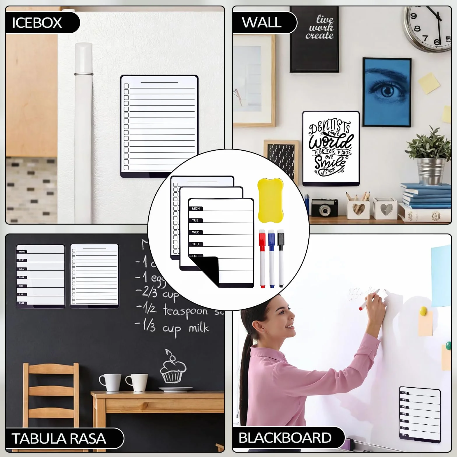 Tablica magnetyczna do lodówki, terminarz tygodniowy, magnetyczna, zmywalna, 3 magnetyczne tablice z 3 markerami i gumką do ścierania, do kuchni, biura i domu – organizuj swoje codzienne życie