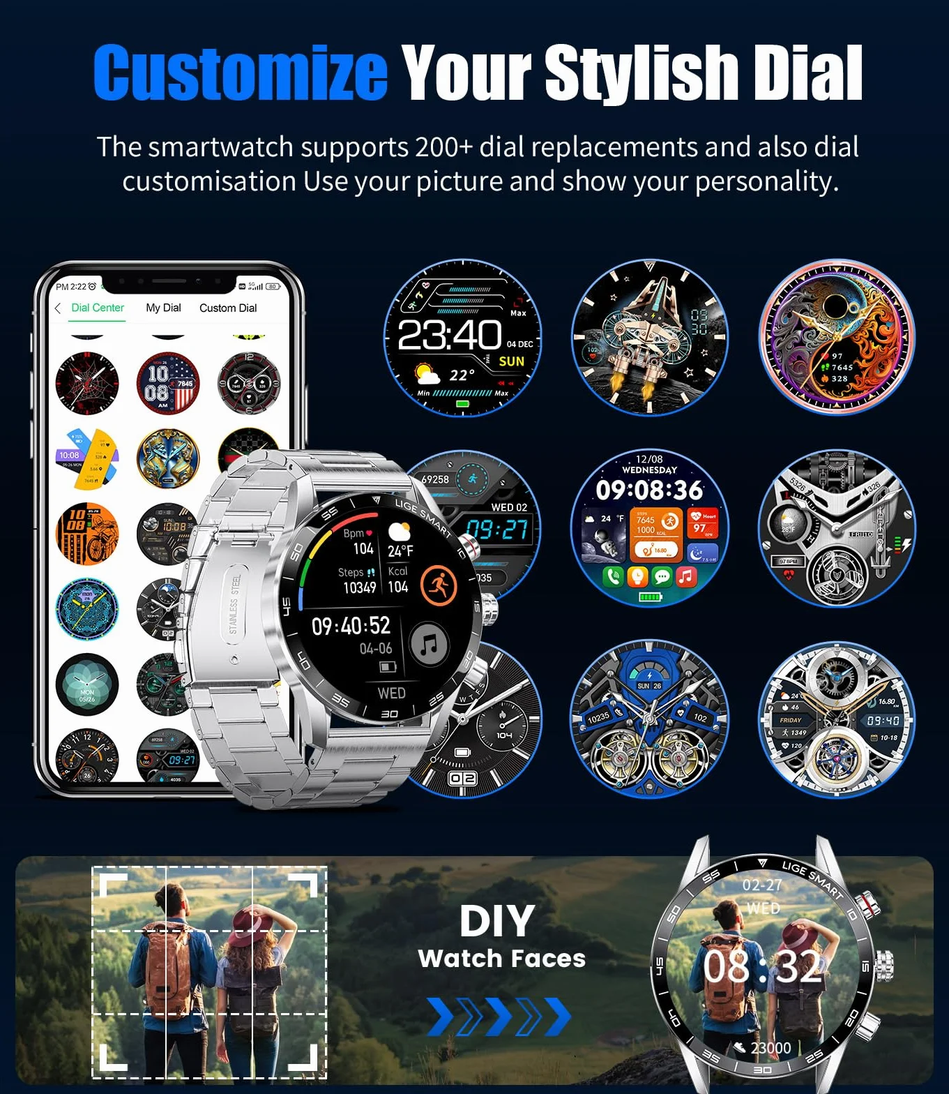 LIGE Smartwatch męski 1,43 cala z wyświetlaczem AMOLED, smartwatch z funkcją telefonu i wspomaganiem głosu, pulsometrem SpO2, 124 trybami sportowymi, zegarek fitness Smart Watch do systemu Android iOS