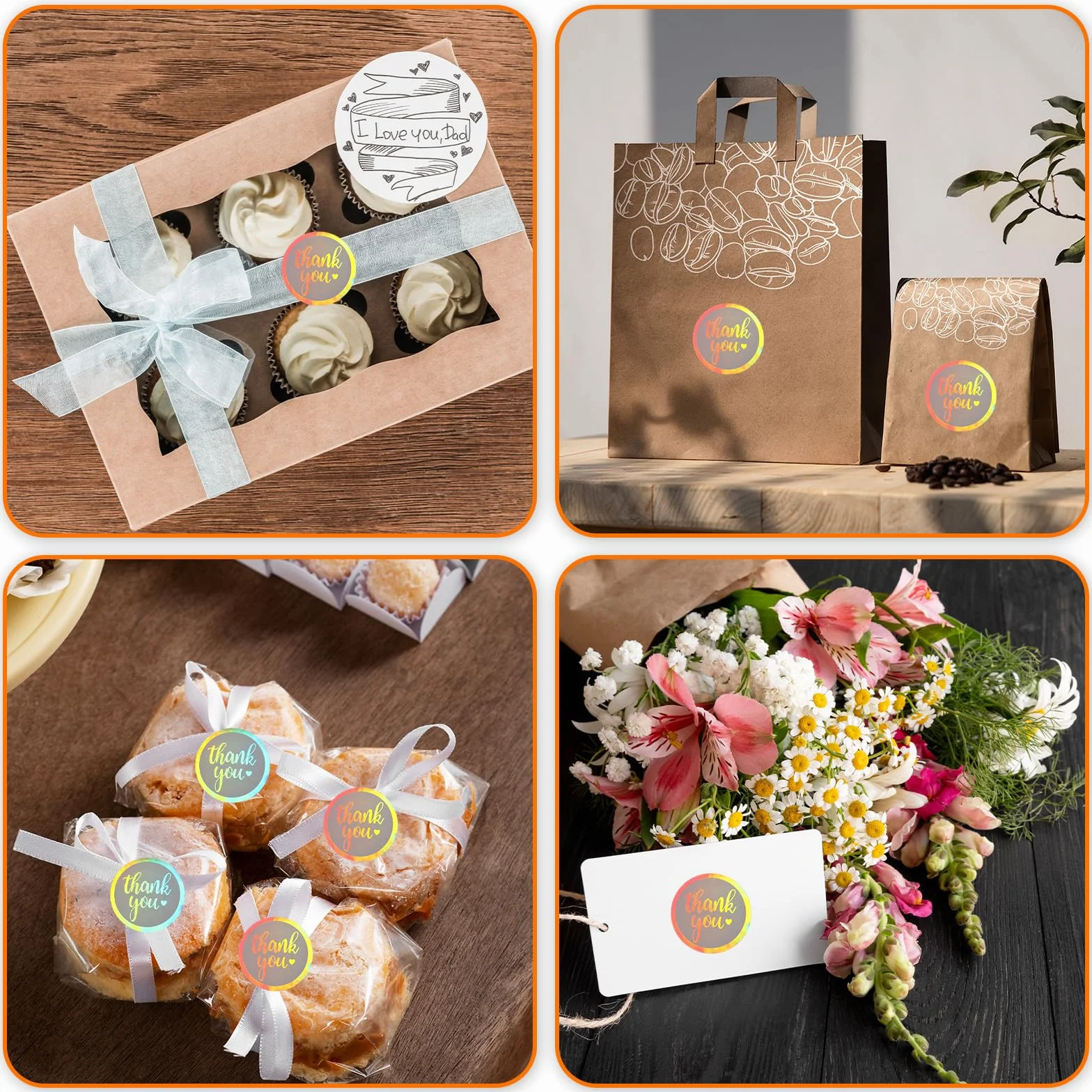 Nogeqi 1000 sztuk naklejek "Thank You", 2,5 cm, holograficzne, okrągłe, z podziękowaniami, samoprzylepne, w rolce, z podziękowaniami, do pakowania, pieczenia, torebek prezentowych, koperty
