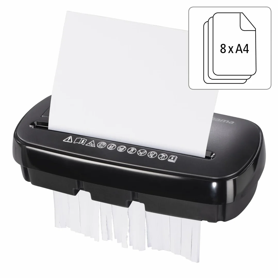 Hama niszczarka tnąca na paski 6mm do papieru Basic S8CD 8l do papieru, do dokumentów (domowa, z koszem 11l, 9 arkuszy, klasa ochrony P-2, T-1) czarna