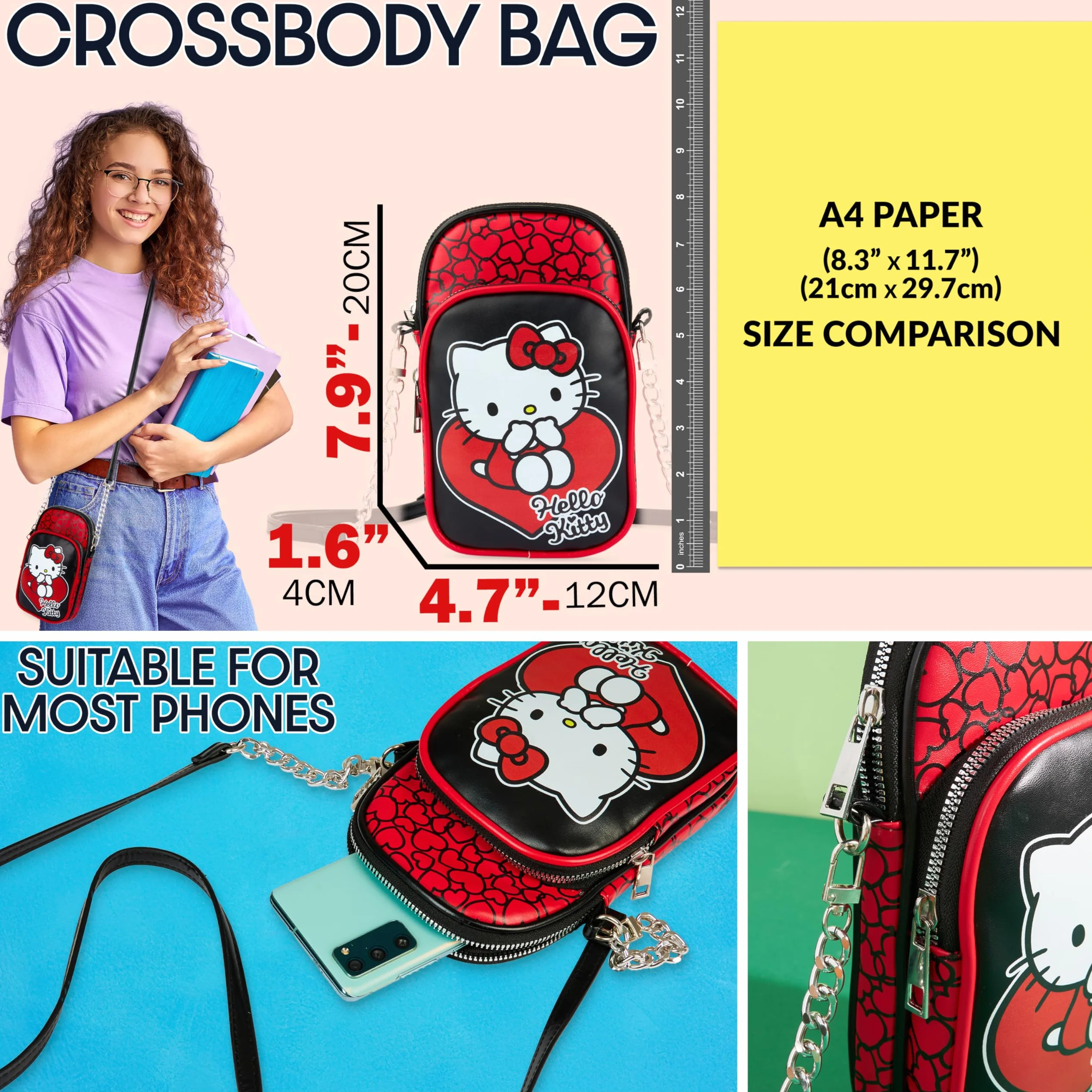 Get Trend Hello Kitty Sanrio Torebka na ramię na telefon dla dziewcząt, nastolatki, mała torebka na ramię, niezbędne akcesoria podróżne, prezenty dla dziewcząt