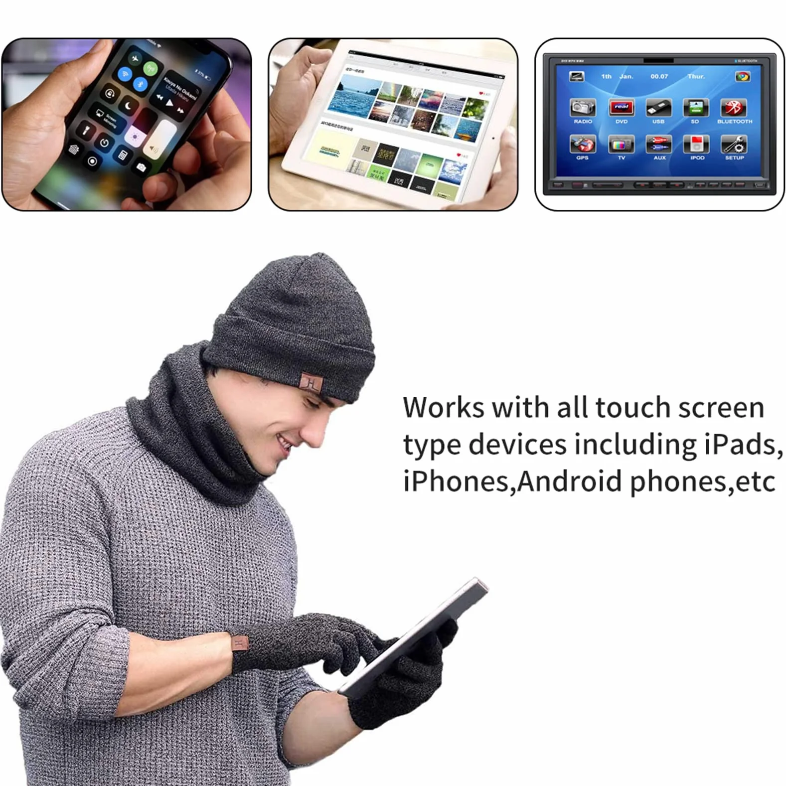 Komplet czapka szalik rękawiczki dla mężczyzn i kobiet, na zimę, z dzianiny, termiczny beanie, snood i rękawiczki z ekranem dotykowym, miękka podszewka z polaru, czapka zimowa dla mężczyzn i