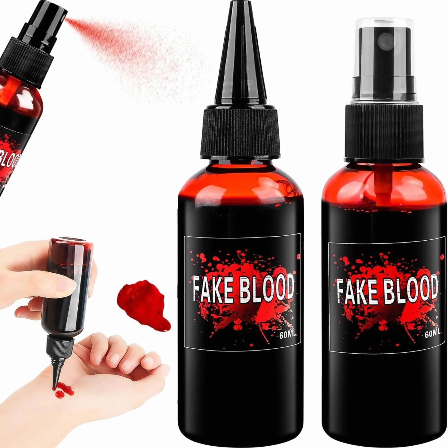 AKONE Halloween sztuczna krew 60 ml, 2 sztuki fałszywej krwi, film krew, krew wampira. Krew zombie, na karnawał, film, teatr, psoty, symulowane rany (zmywalne i bezpieczne)
