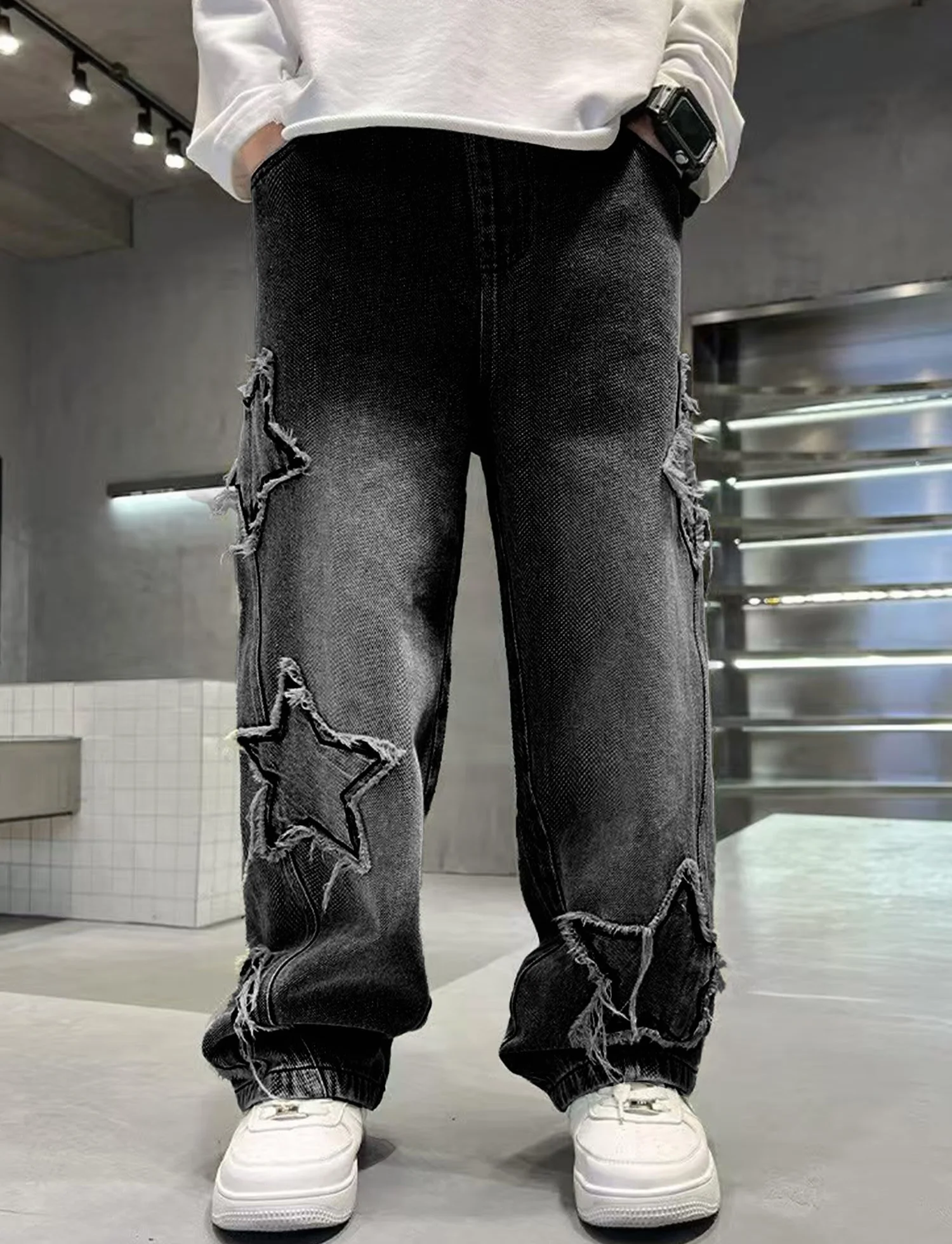 Happy Cherry - Baggy Jeans chłopięce spodnie dżinsowe dla nastolatków szerokie nogawki Vintage Streetstyle dzieci 5-14 lat z elastycznym ściągaczem na wiosnę, lato, jesień i zimę - 110-170