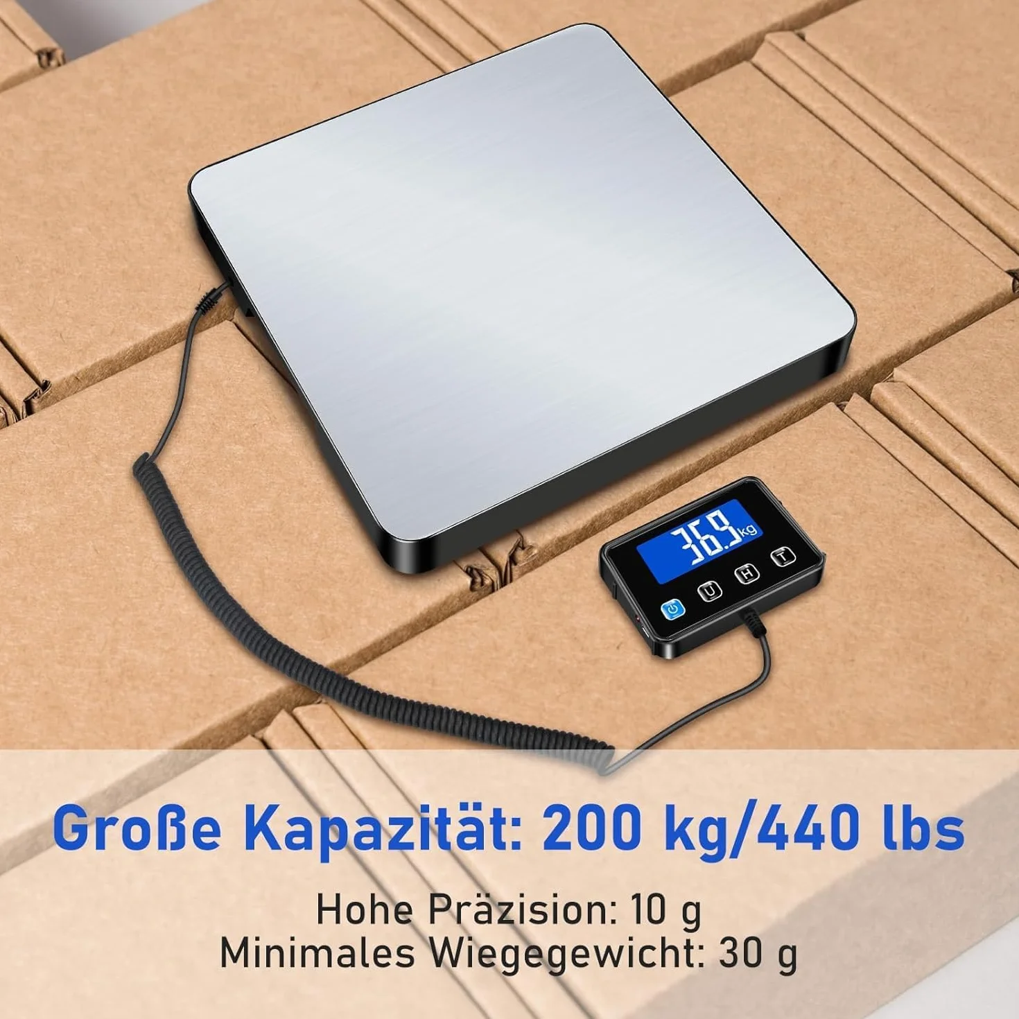 Waga Paczkowa o Udźwigu 200 kg/440 Funtów, 10 g, Wysoka Precyzja, Cyfrowa Waga Platformowa ze Stali Nierdzewnej z Funkcją Hold/Tara, Waga ścienna Pocztowa idealna do Magazynu, Na lotnisko
