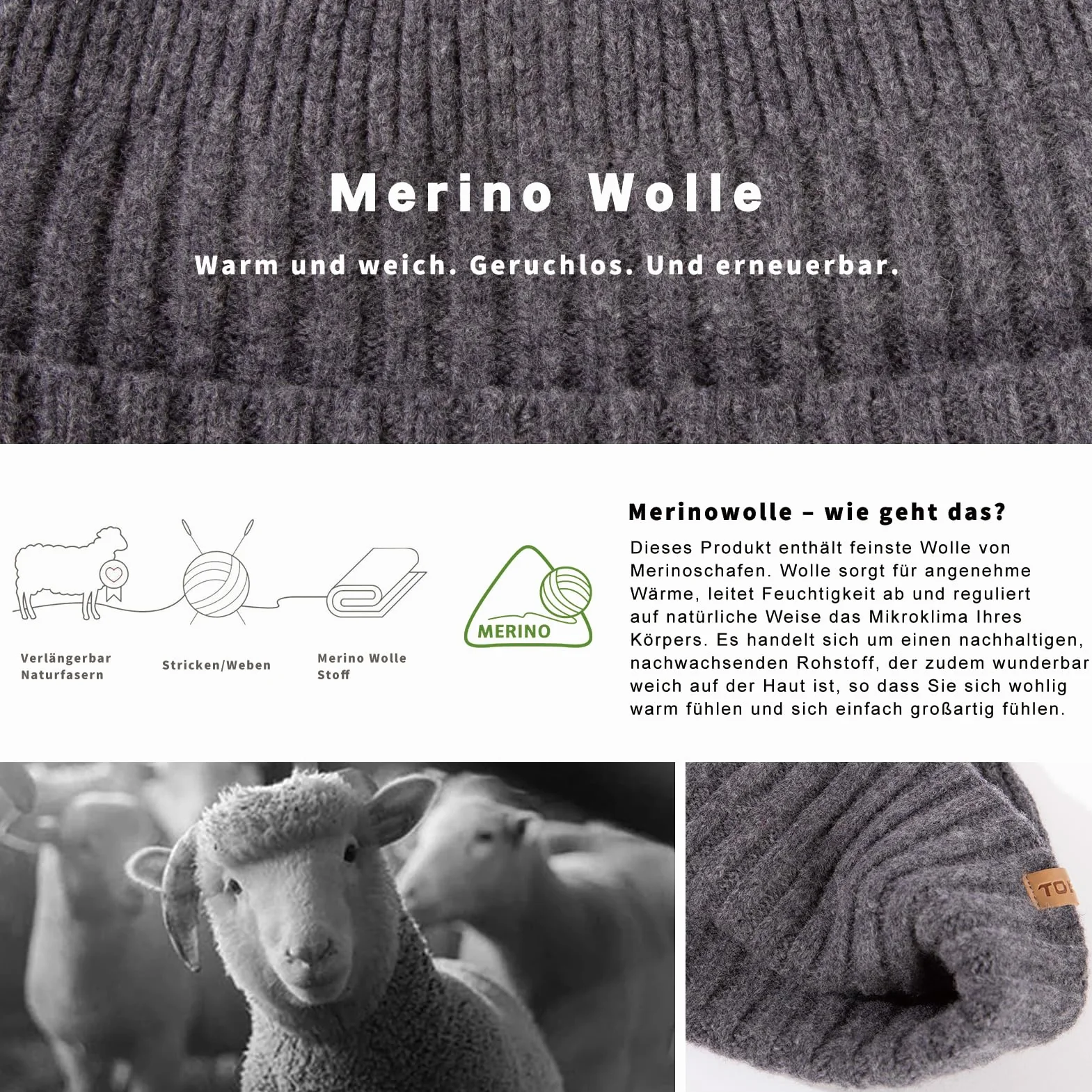 TOP-EX Czapka beanie typu dokerka, 100% wełny merino, dla mężczyzn, kobiet, czapka zimowa z dzianiny, XL/XXL